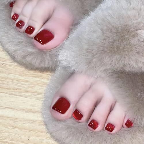 24 Pcs Red Press on Toenails Square Short Fake Toe Nails Full Cover Style 6