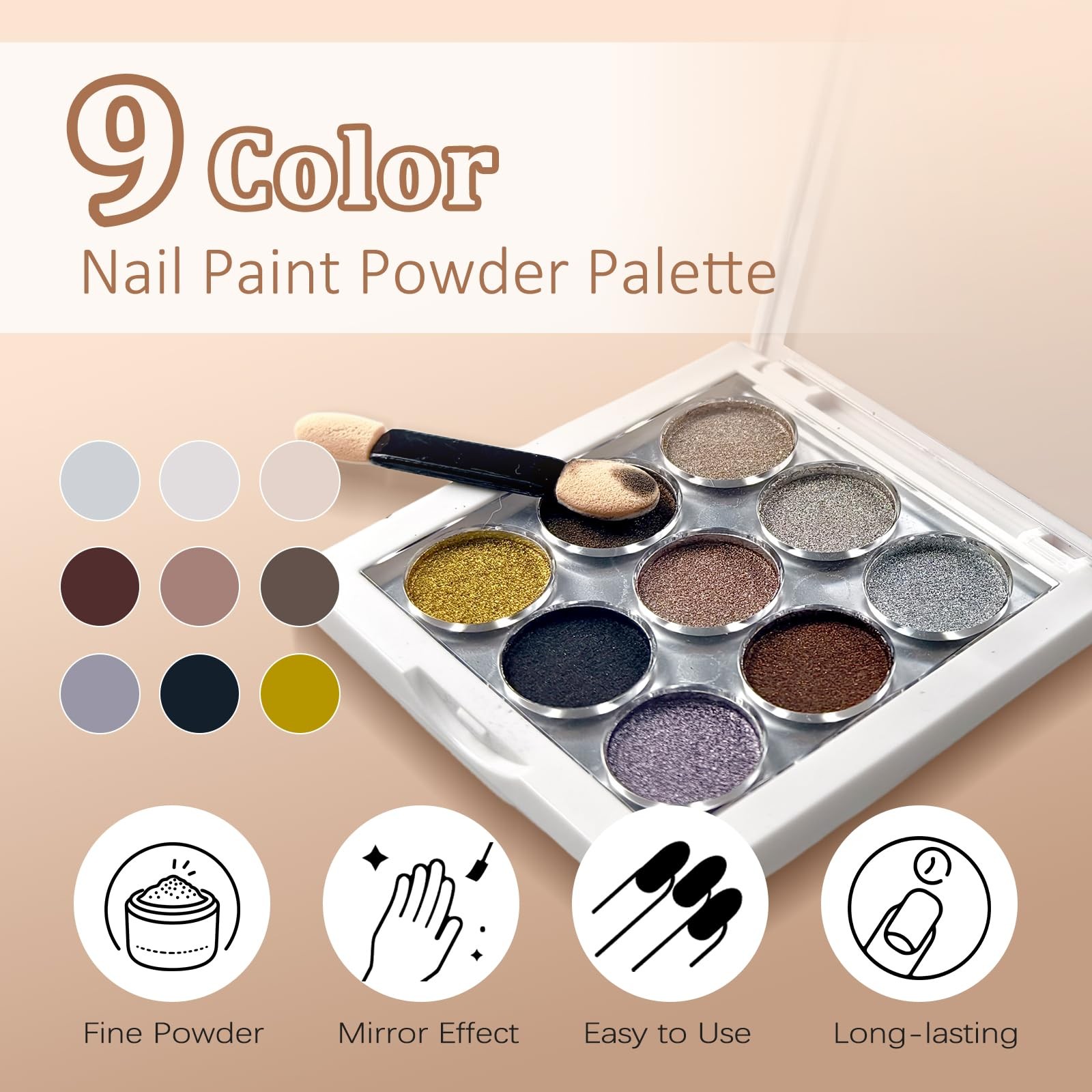 9 Colors Chrome Nail Powder Palette, Black Gold Brown Silver Metallic Mirror …