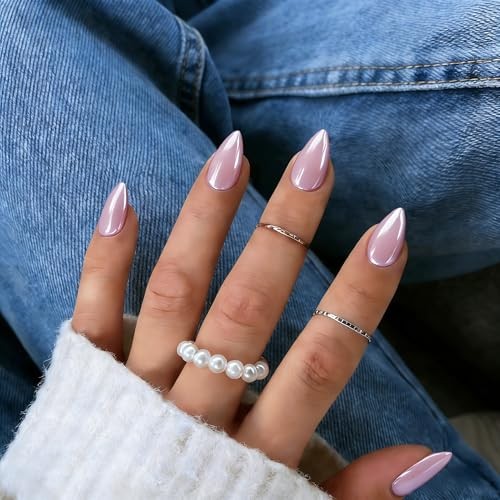 Chrome Press On Nails Short Almond, 30 Pcs Glazed Pastel Dusty almond pink
