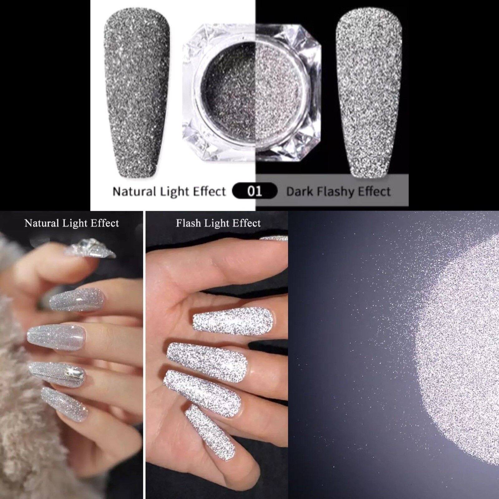 Silver Reflective Nail Disco Glitter for Gel Polish & Varnish Flash Night Effect