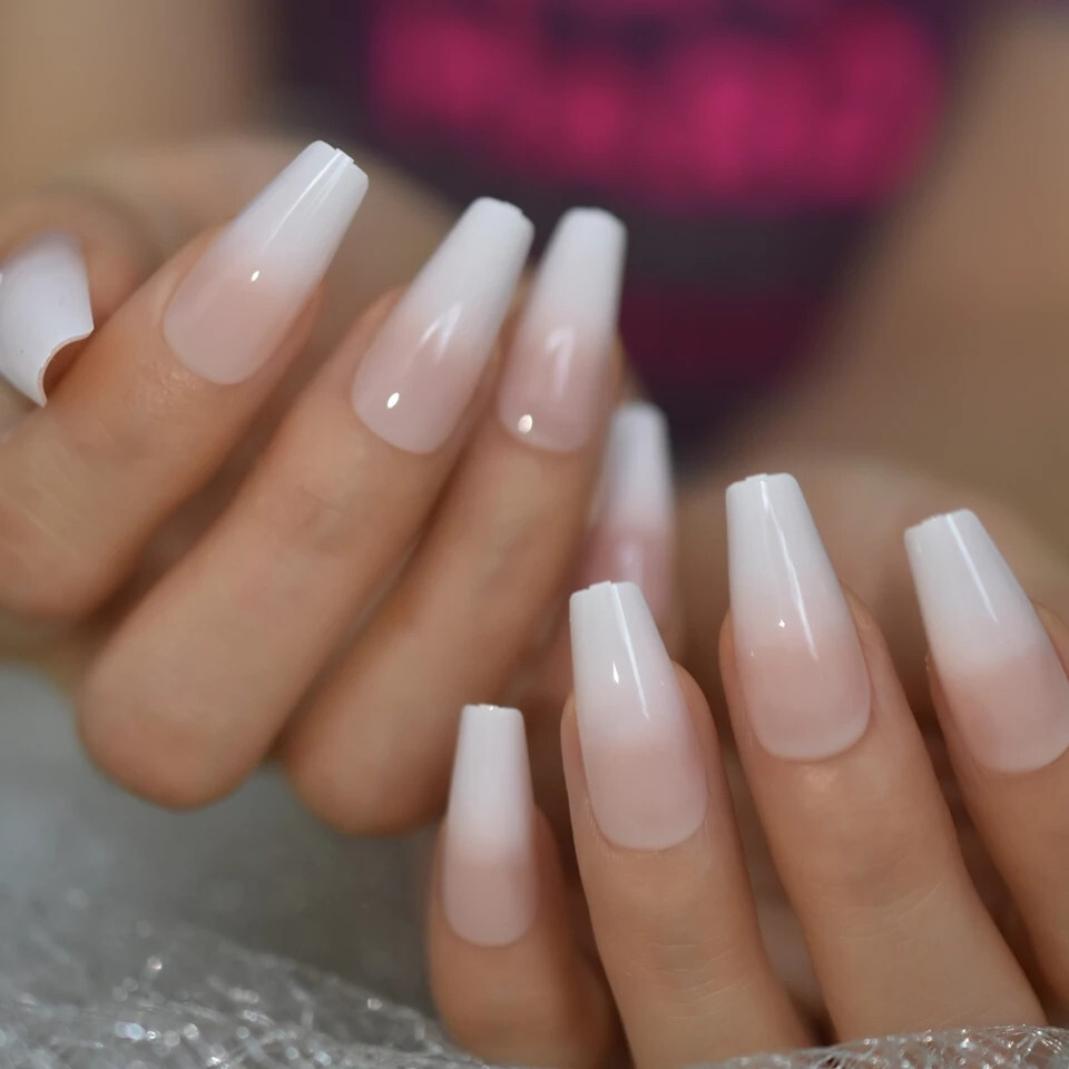 24 Press on nails kit w glue Long Coffin French tip ombre white nude