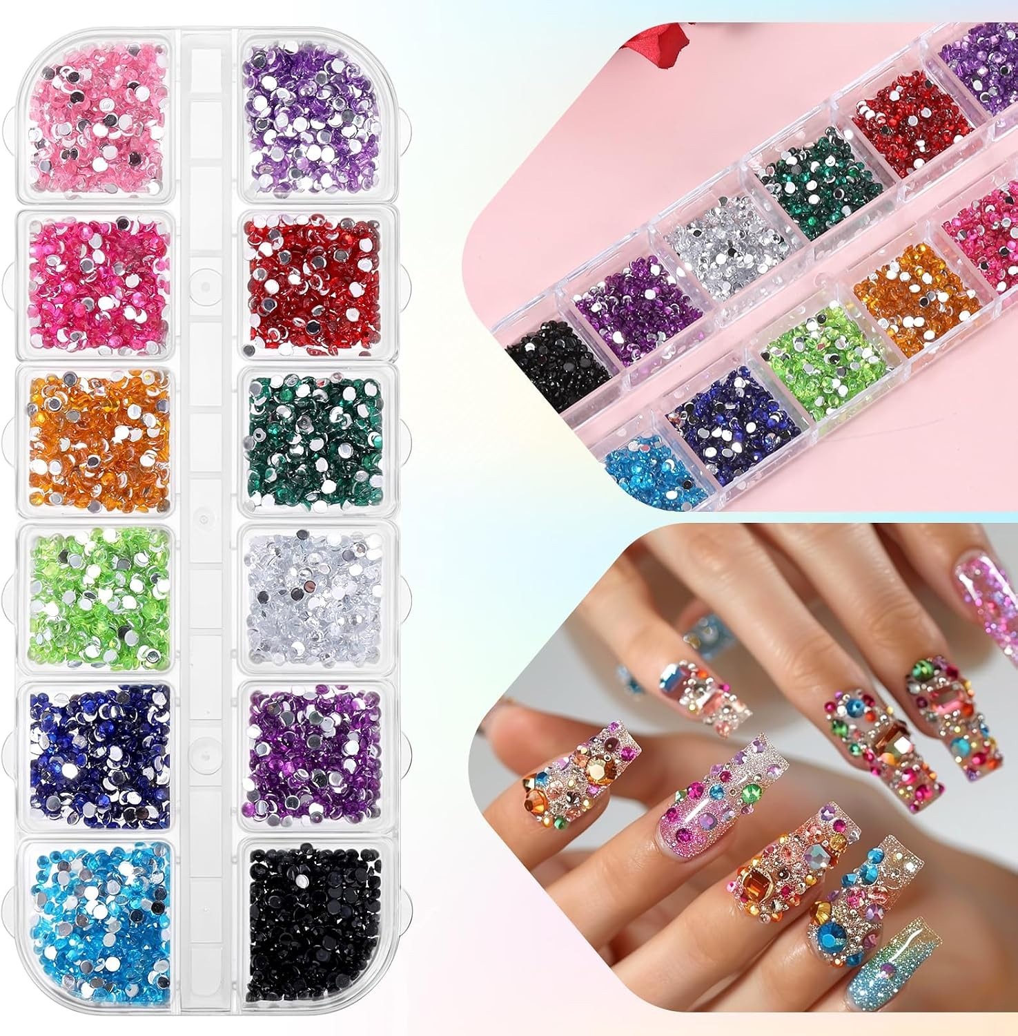 Colorful Nail Rhinestones Kit – 3600 Pcs of 2mm Flatback Jewels for DIY Designs