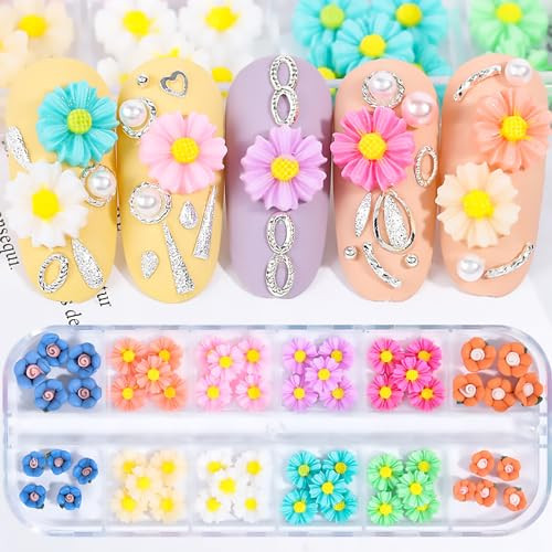 60Pcs Colorful Flowers Nail Charms 3D Daisy Nail Art Charms White Green Pink