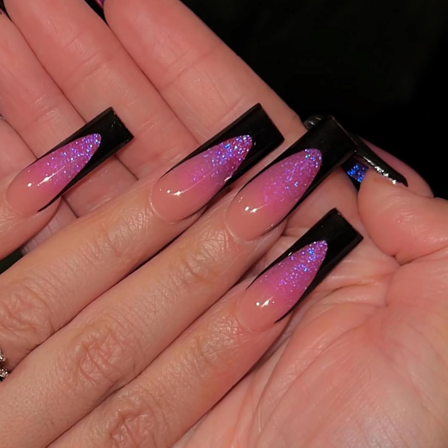 Press on Nails Long Square Fake Nail Gray Black French Tip Glue on Nails Pink…