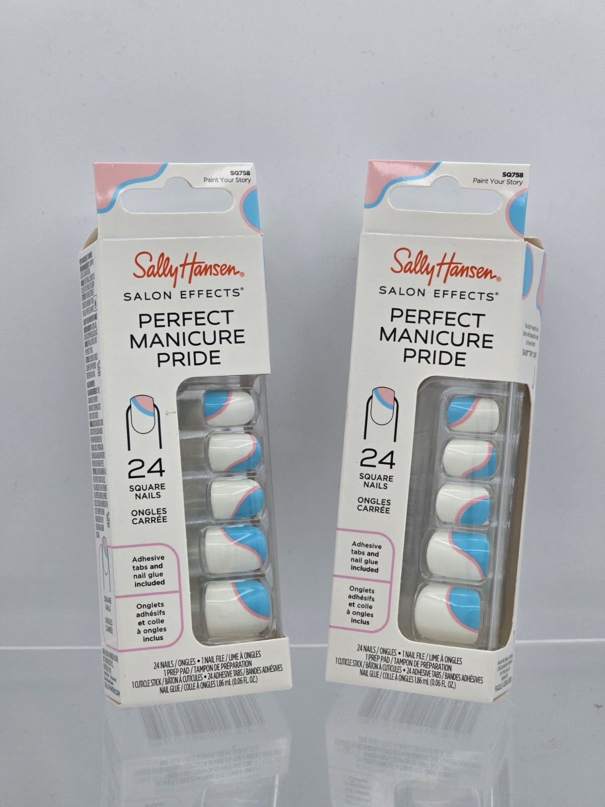 2 Lot Sally Hansen Perfect Manicure Press-On Nails – Square – Pink, Blue, White