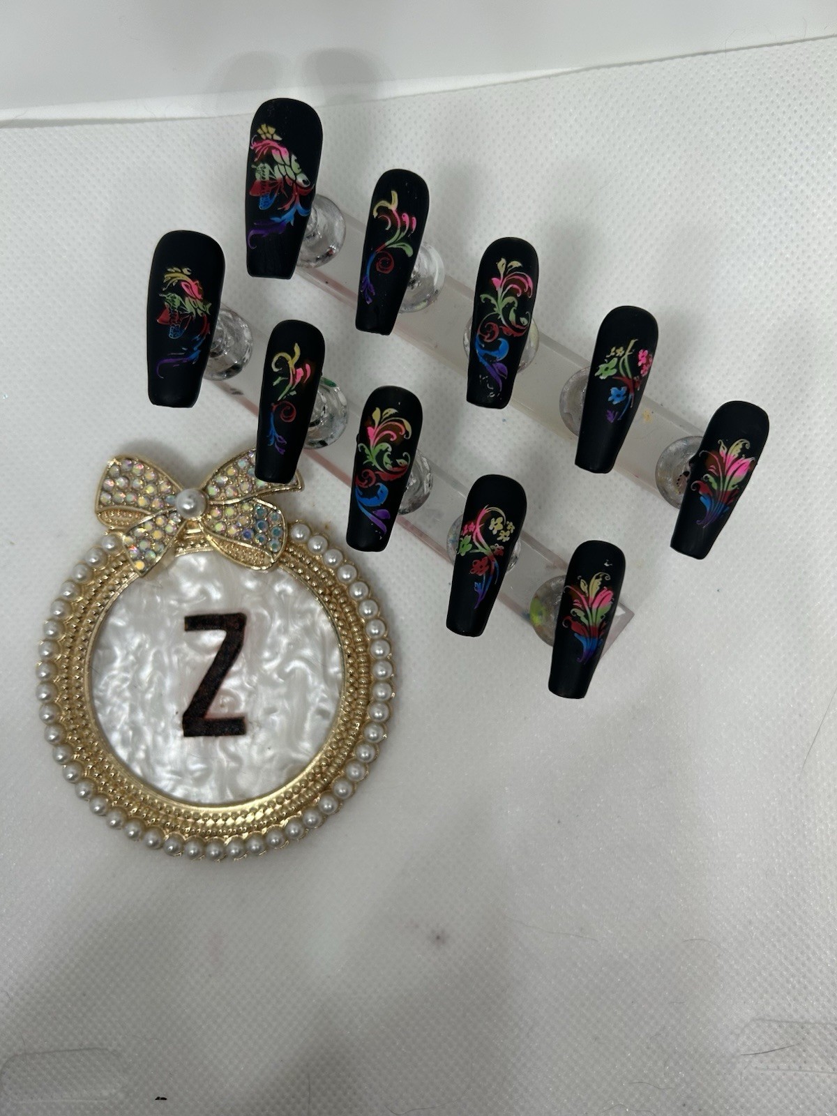 Z NAILZ! Handmade Matte Black M Coffin White W/Rainbow Scroll Designs Press Ons