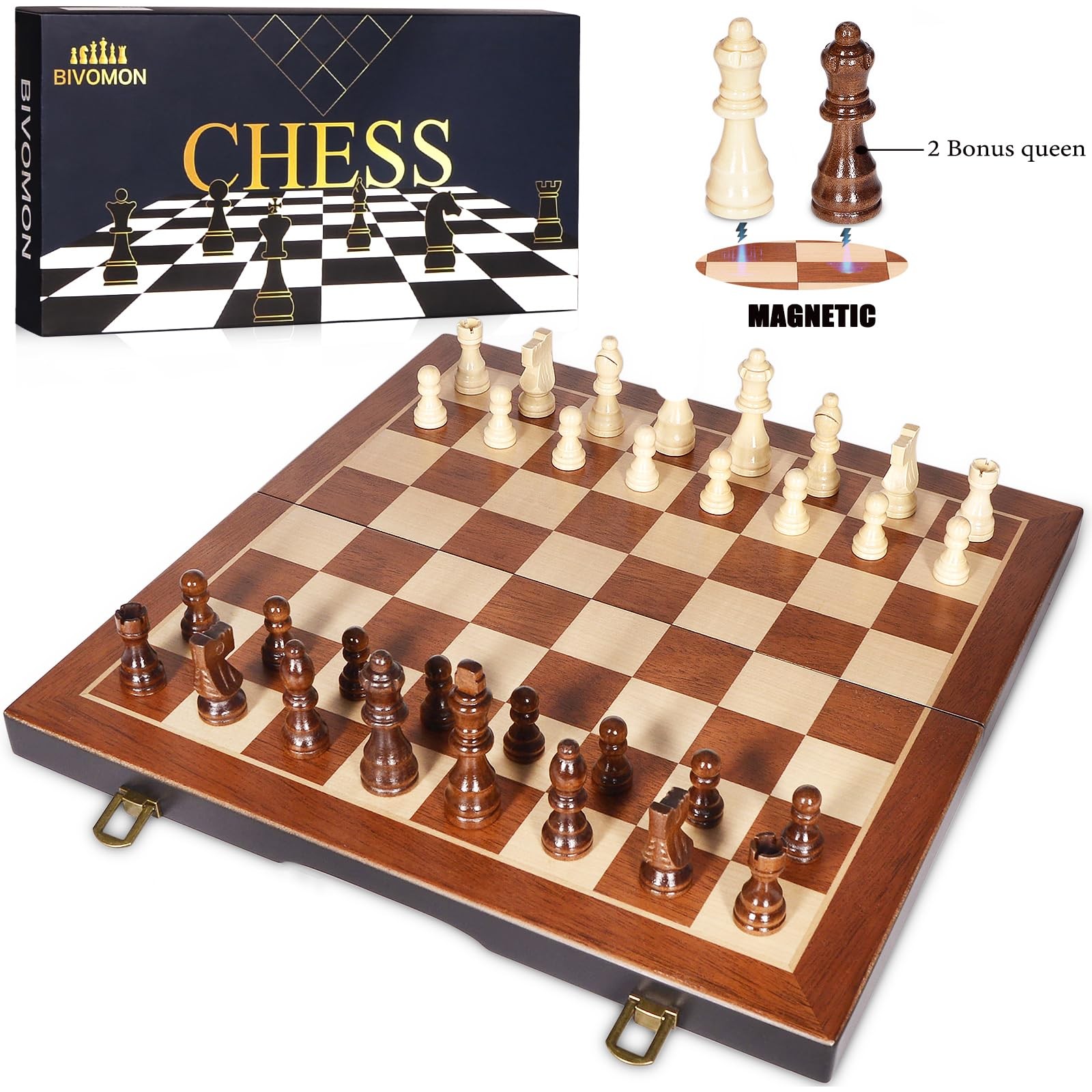 BIVOMON Chess Magnetic Wooden Set 15″ 15.35*15.35*0.98 inches, Brown