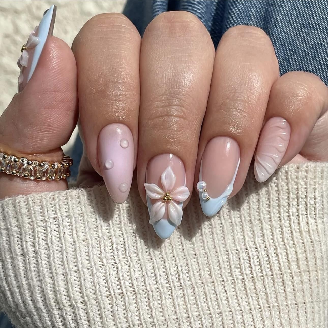 Almond Flower Pearl Press on Nails – Medium 3D Fake Nails with French Tip Des…