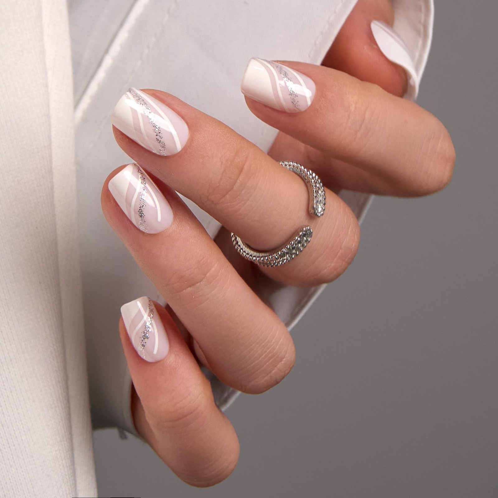CurvLife Press On Nails Square Silver Whisper