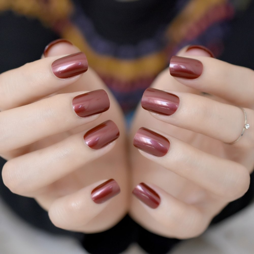 Short Press on Nails Square Wine Red Fake Nails Petite