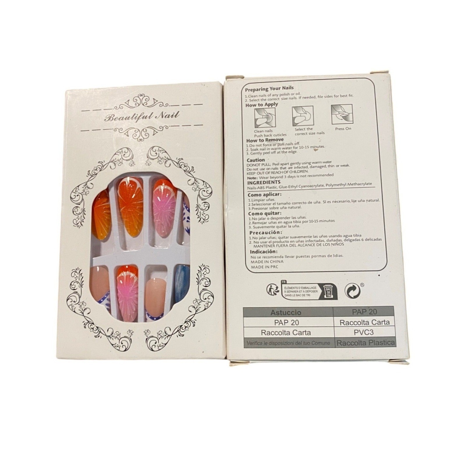 Beautiful Nail Press On Nails Almond Shape Orange Pink Floral Gradient 12pc Set