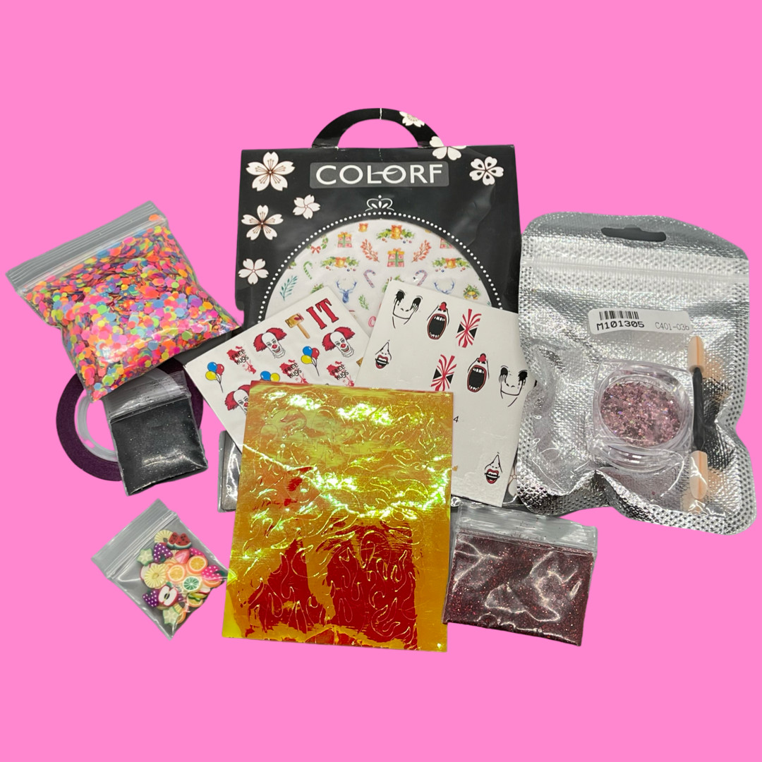 Bundle of Various NAIL ART Items 11 pcs – Decals Glitters Fimo Slices Foils Tape
