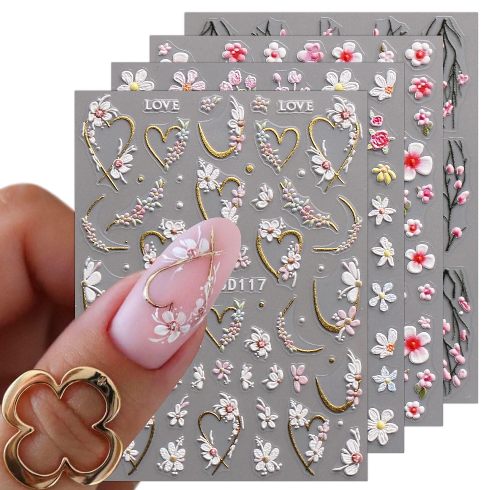 3D Embossed Flower Nail Art Stickers Decals Self-Adhesive 5D Colorful