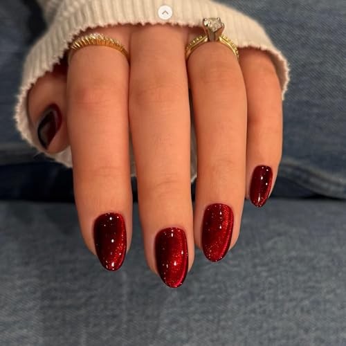 Burgundy Nails Press on, Wine Red Short Oval Round Cat cat eye oval wine red