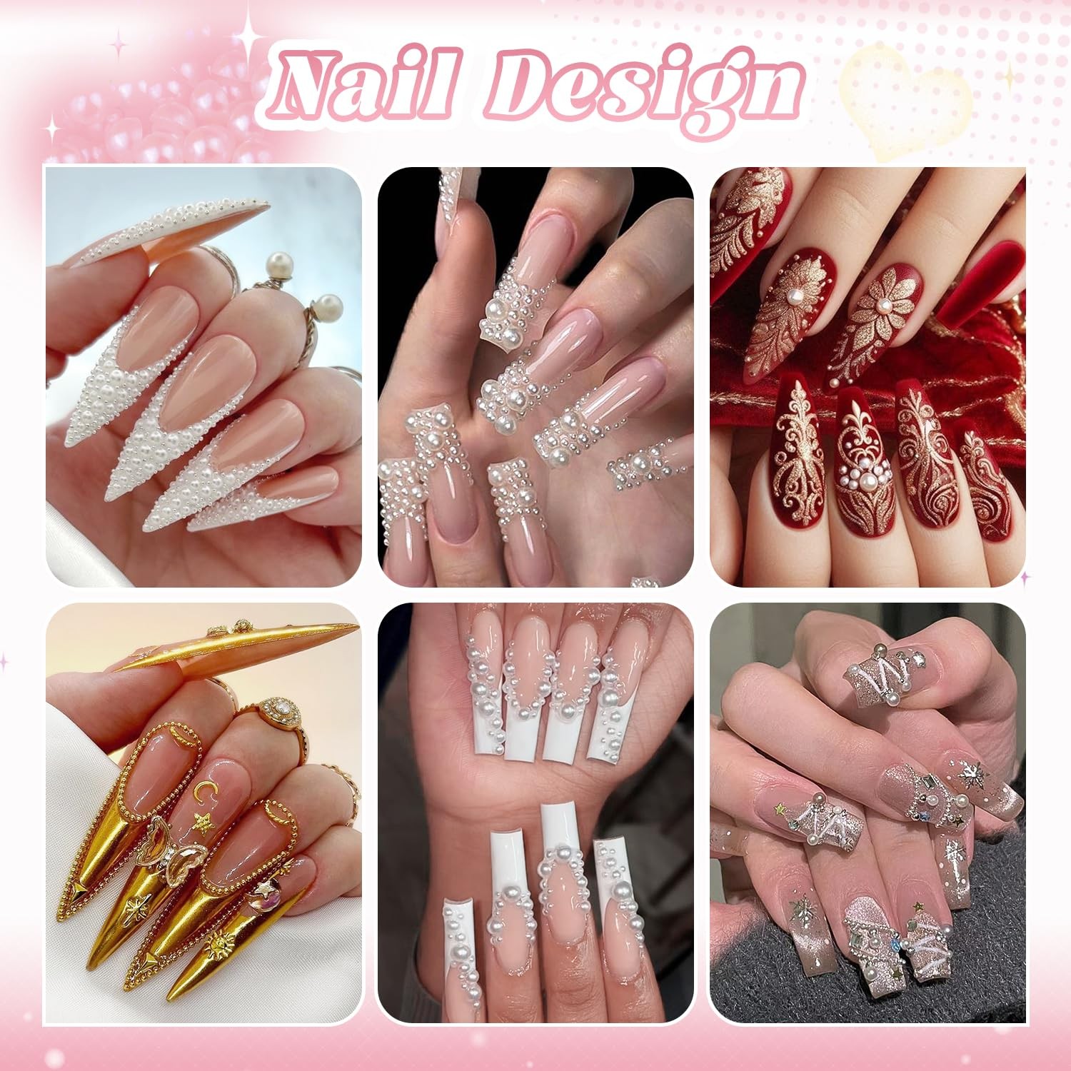 2 Boxes Flatback Pearls White+Beige and Silver+Gold Nail Beads for Nail Art