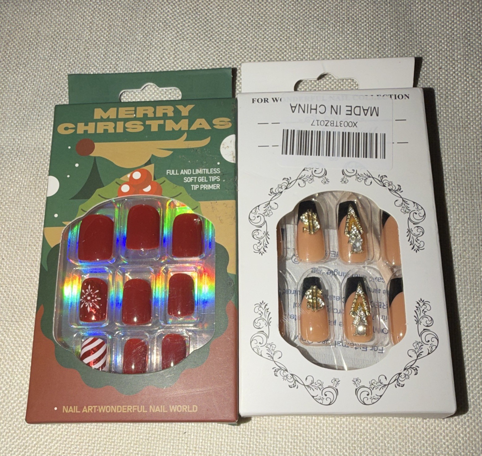 Christmas Press-On Nails Glitter Pre-Designed Medium Square Red/Nude/Gold