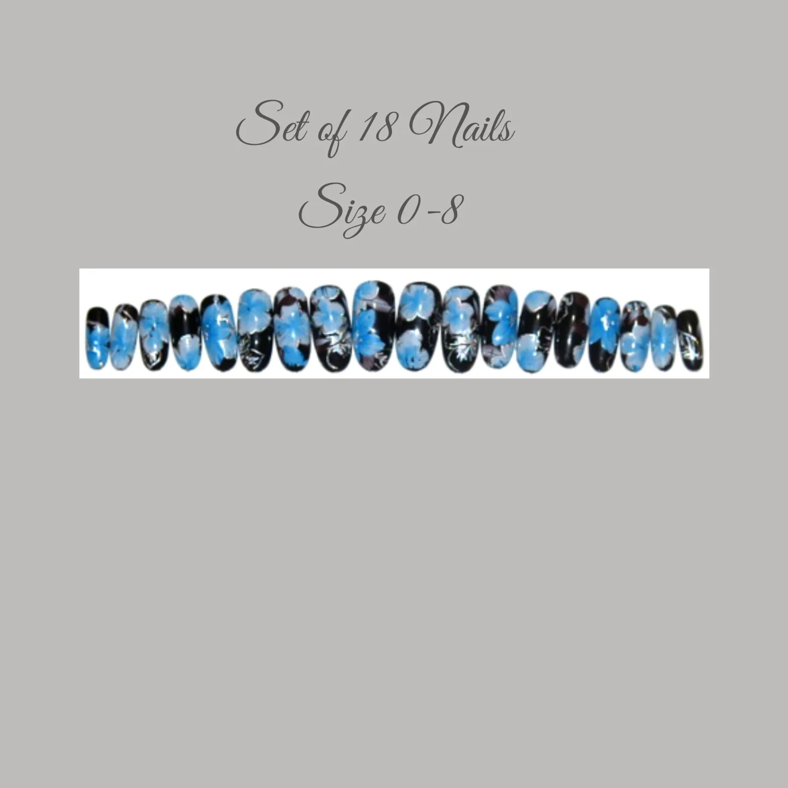 Black with Blue Flowers Press-On Nail Set – Long Round (Size 0-8)