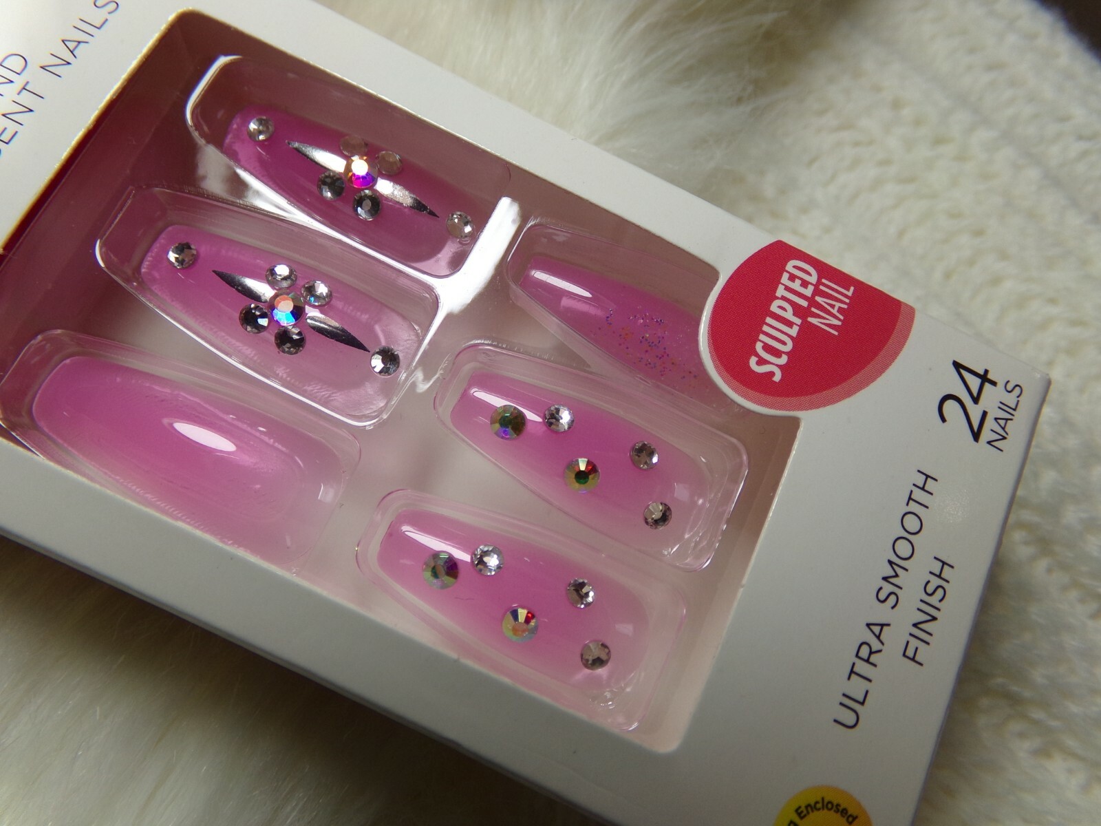 KISS JEWEL JELLY NAILS GLUE ON Pink LONG LENGTH, COFFIN BALLERINA