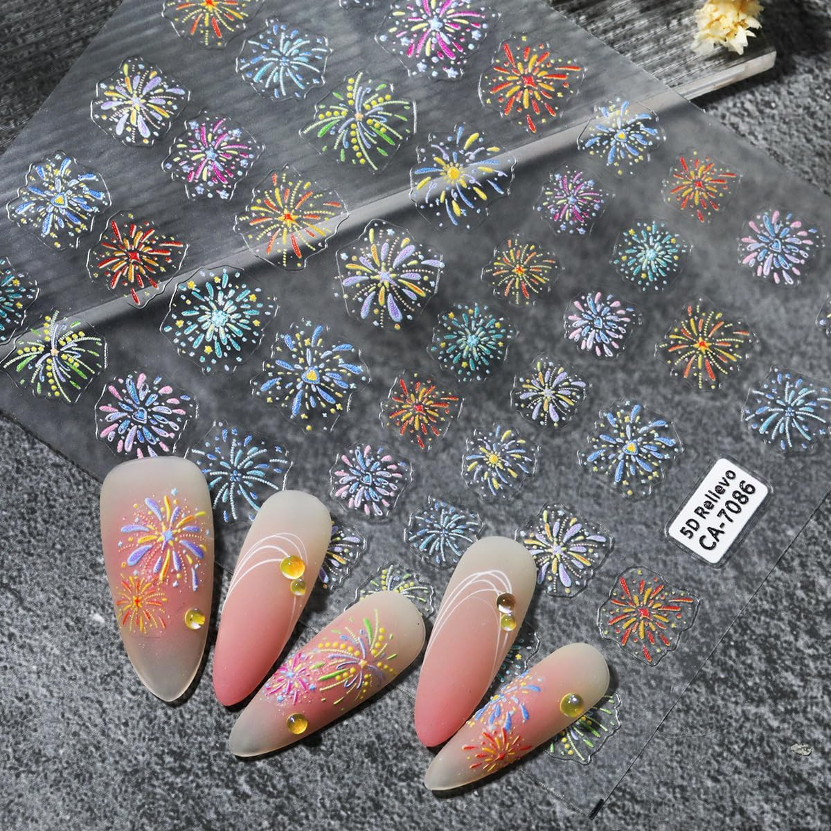 2 Sheets Fireworks Nail Stickers 5D Embossed 4Th of July Nail Art Stickers