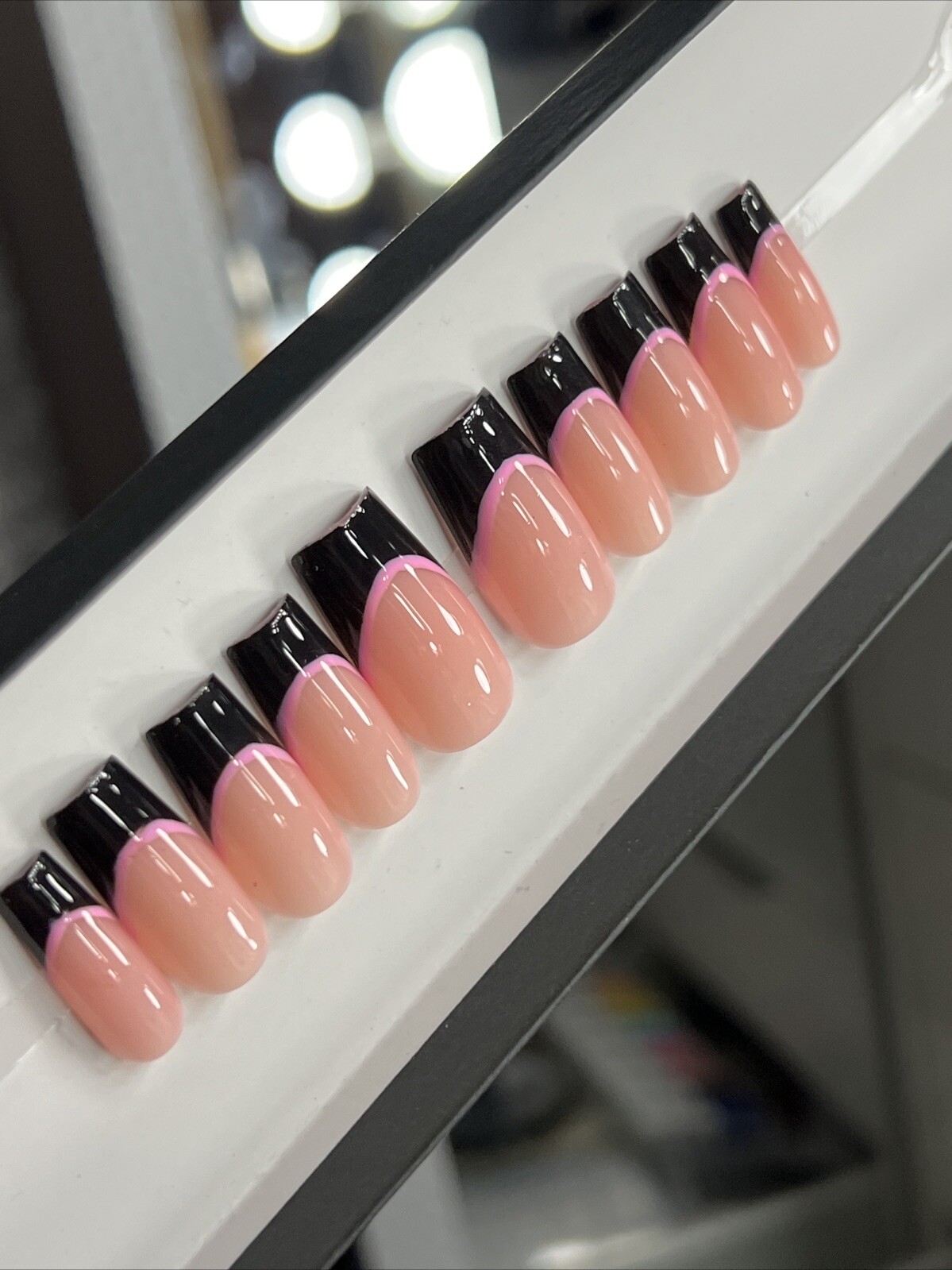 🩷🖤 CUSTOM Press On Nails FRENCH BLACK PINK BLING 10p SET W Kit