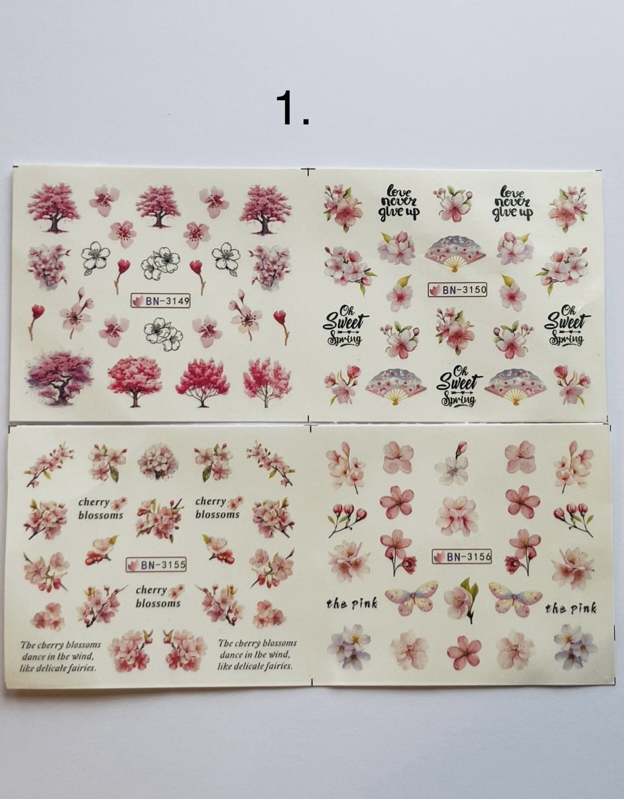 4 Sheets Nail Art Water Decals Cherry Blossom Spring Flowers Floral Pink