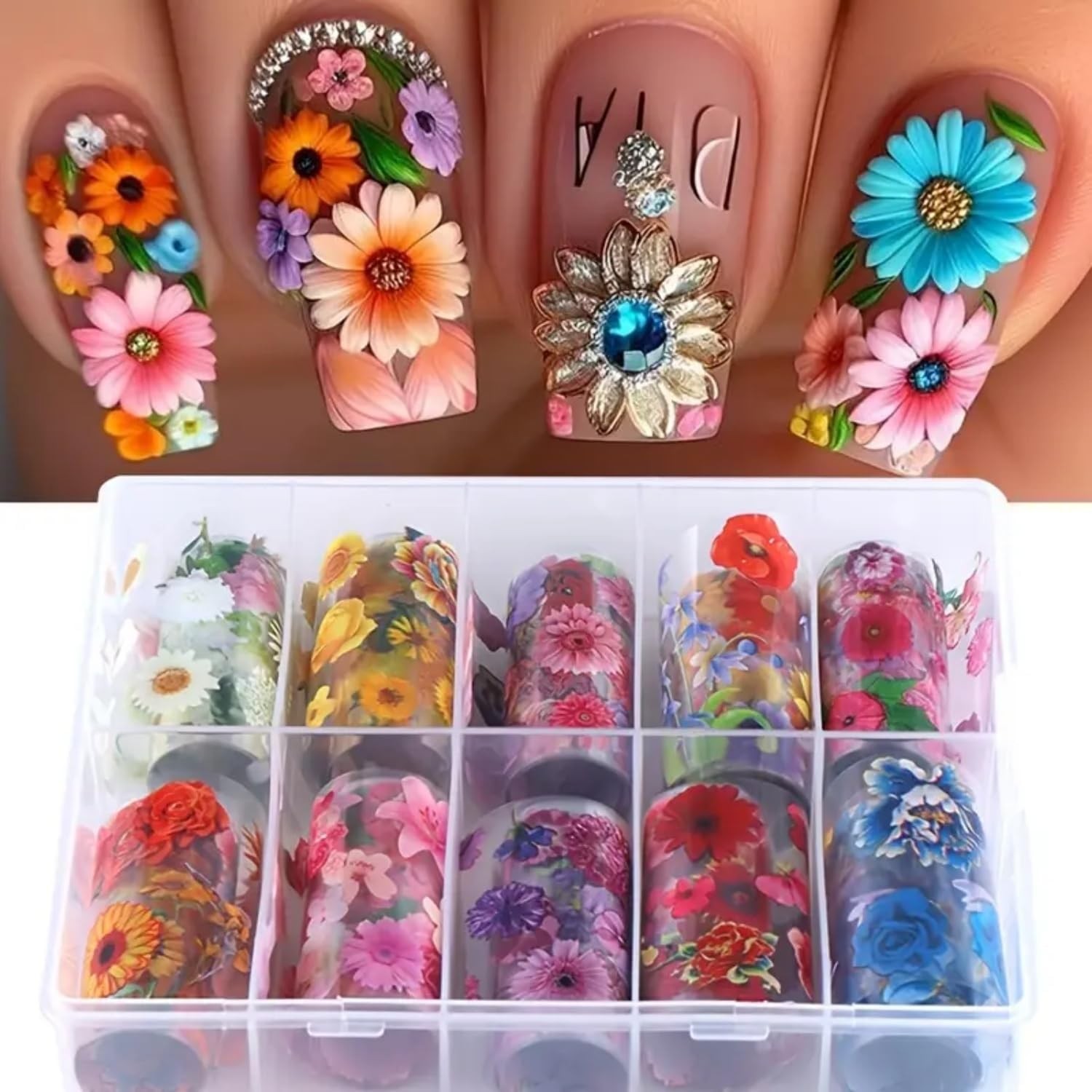 Floral Nail Art Transfer Foil Stickers 10 Rolls Spring Summer Theme Nail Foil…
