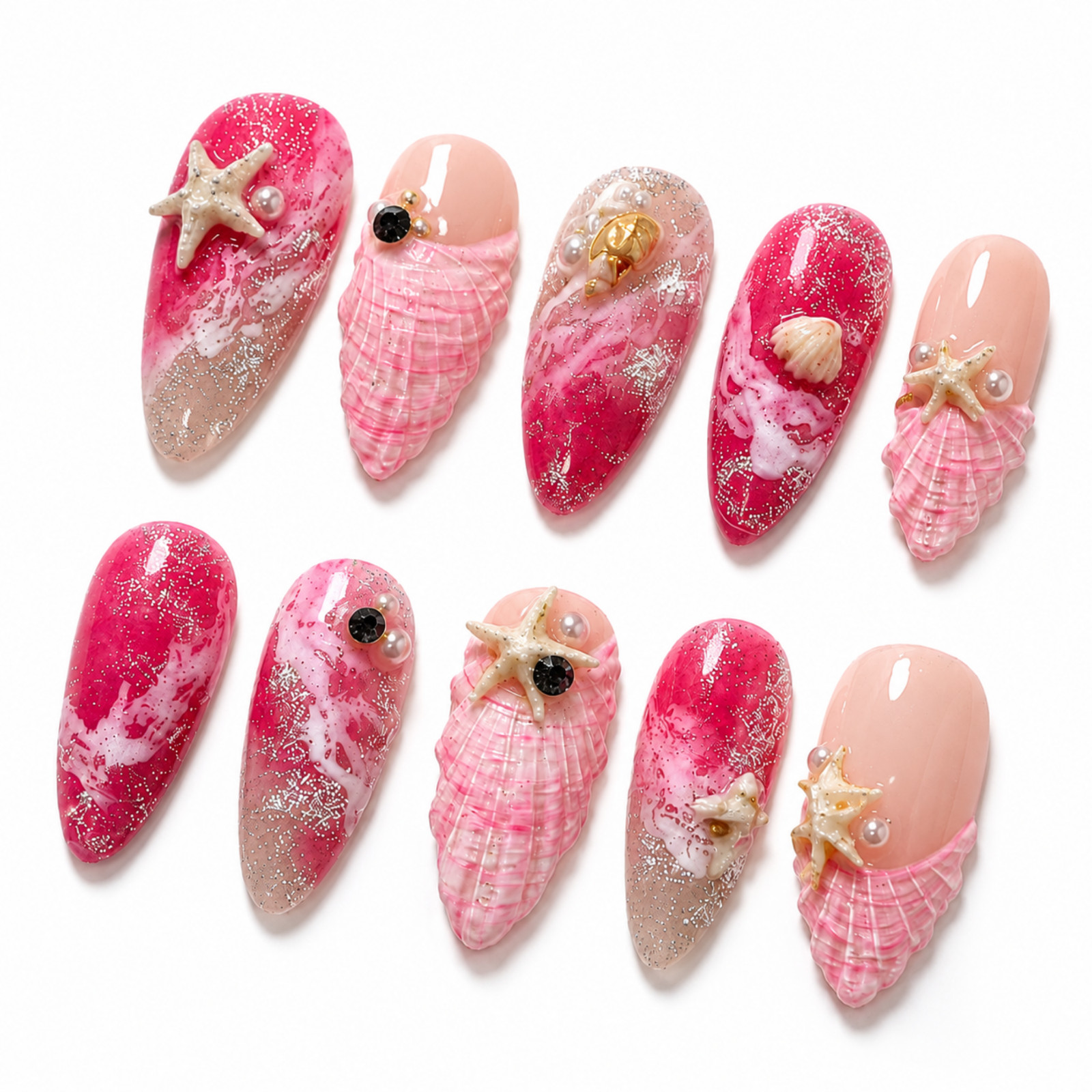 Handmade Pink Ocean Shell 3D Press On Nails Glitter Starfish Set