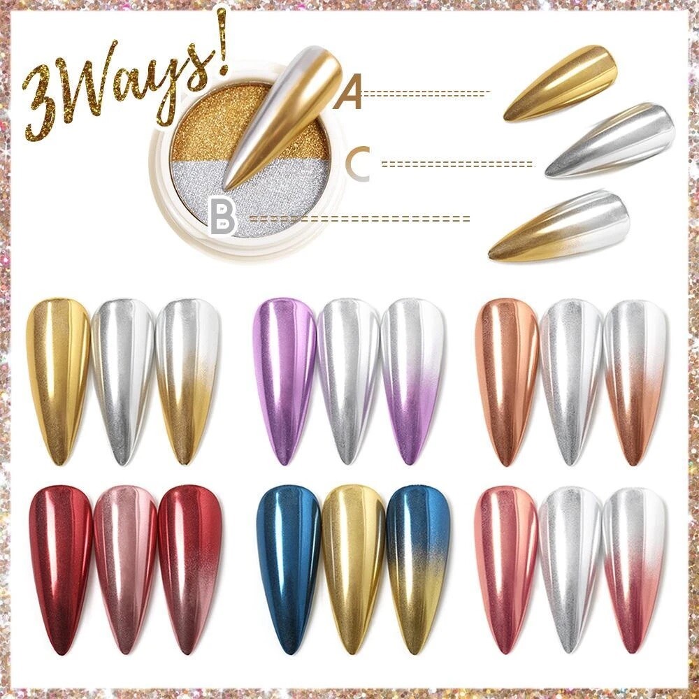 Nail Mirror Chrome Powder Two Colours Pressed Solid Rose Gold Silver Shimmer