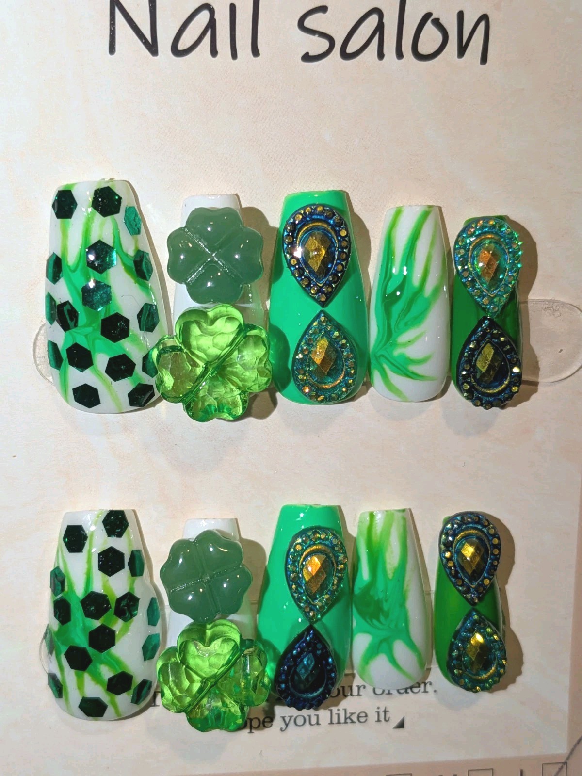 Hand Crafted St Patty Short Nail Set with Quality Glowing Gem Accents Sz LARGE