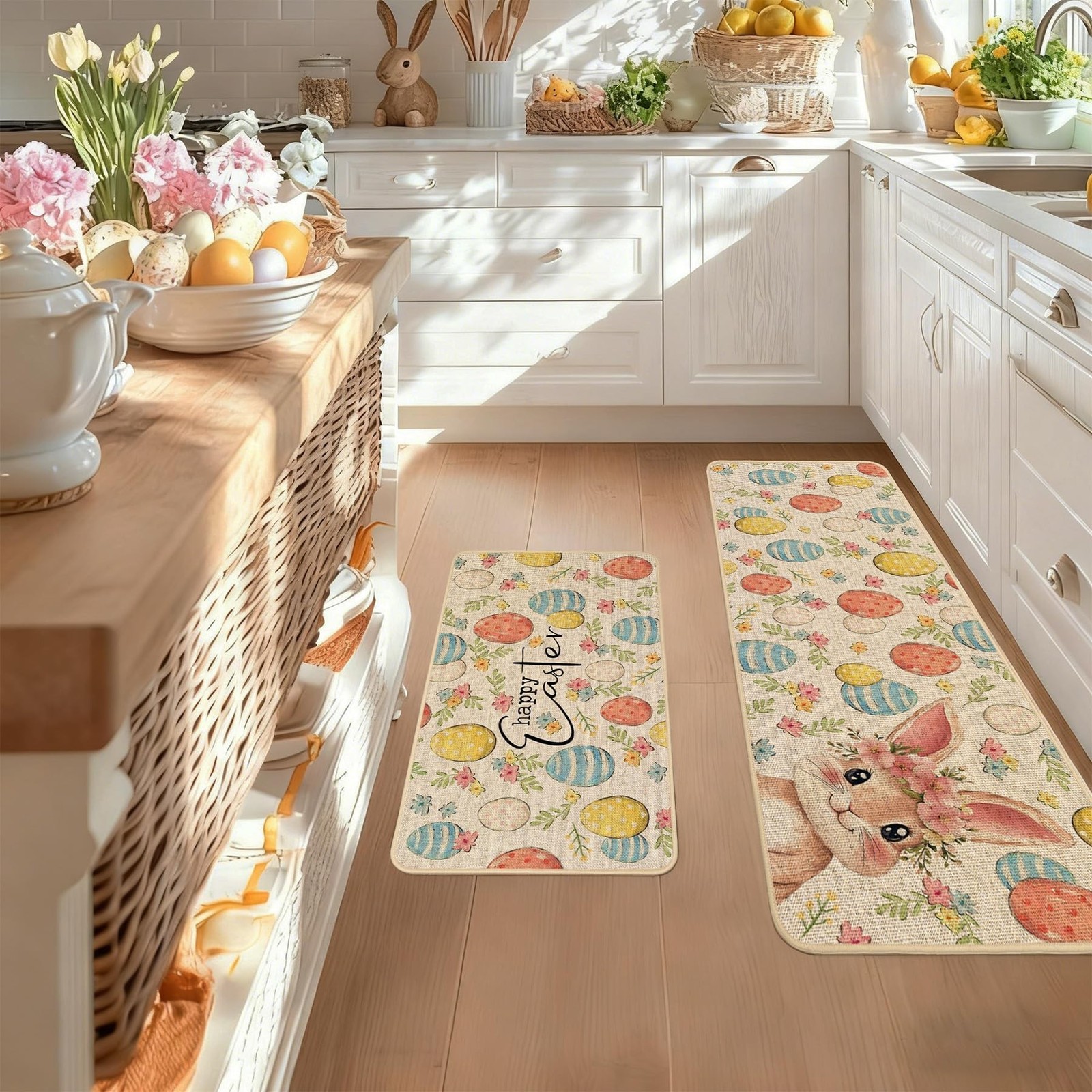 Baccessor Easter Kitchen Rugs Set of 2, Bunny Colorful Eggs Floral Kitchen Ma…