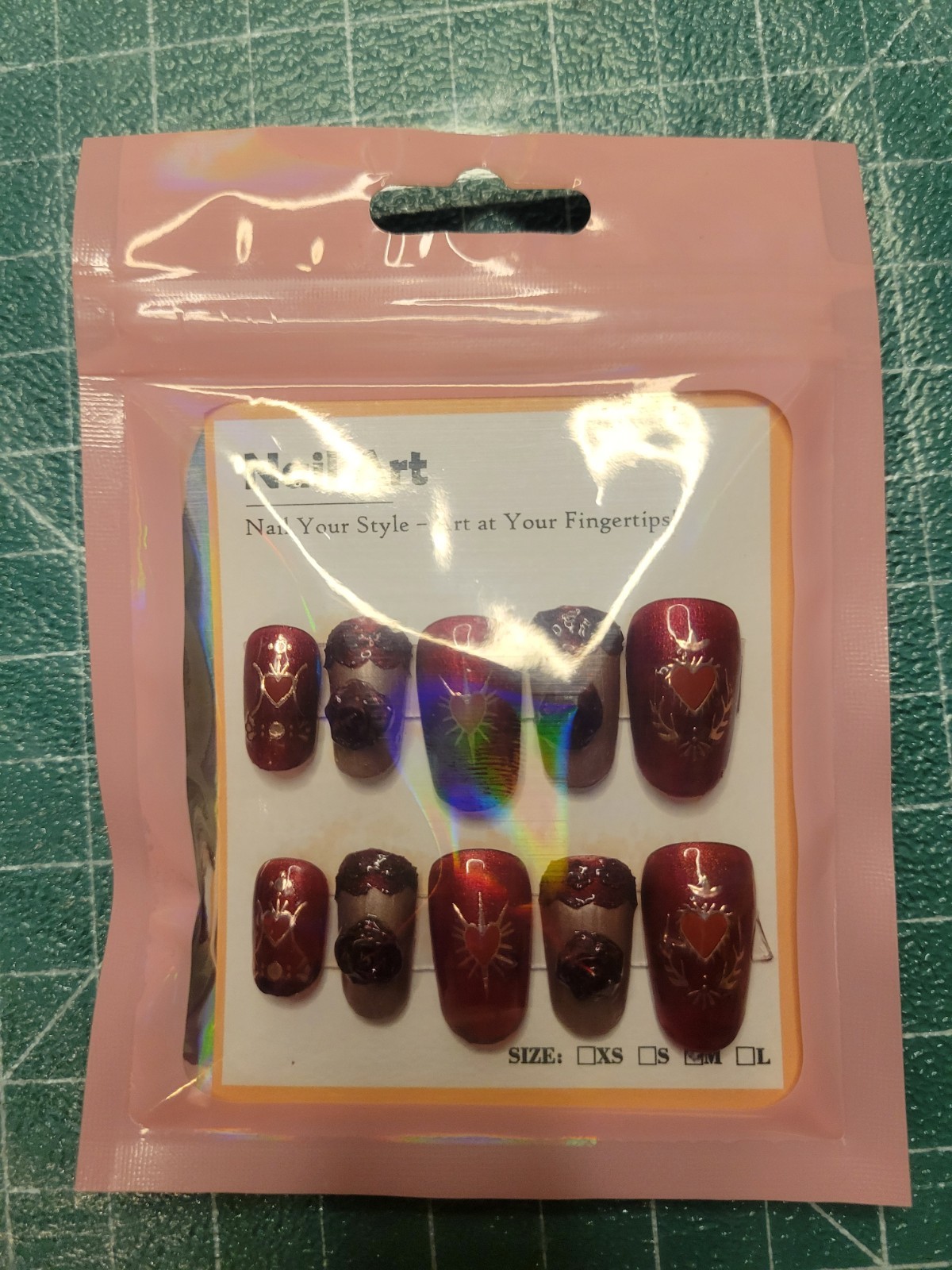 Size-M Hand Painted Custom Press On Nails- Dark Red & Rose Gold Roses & Hearts