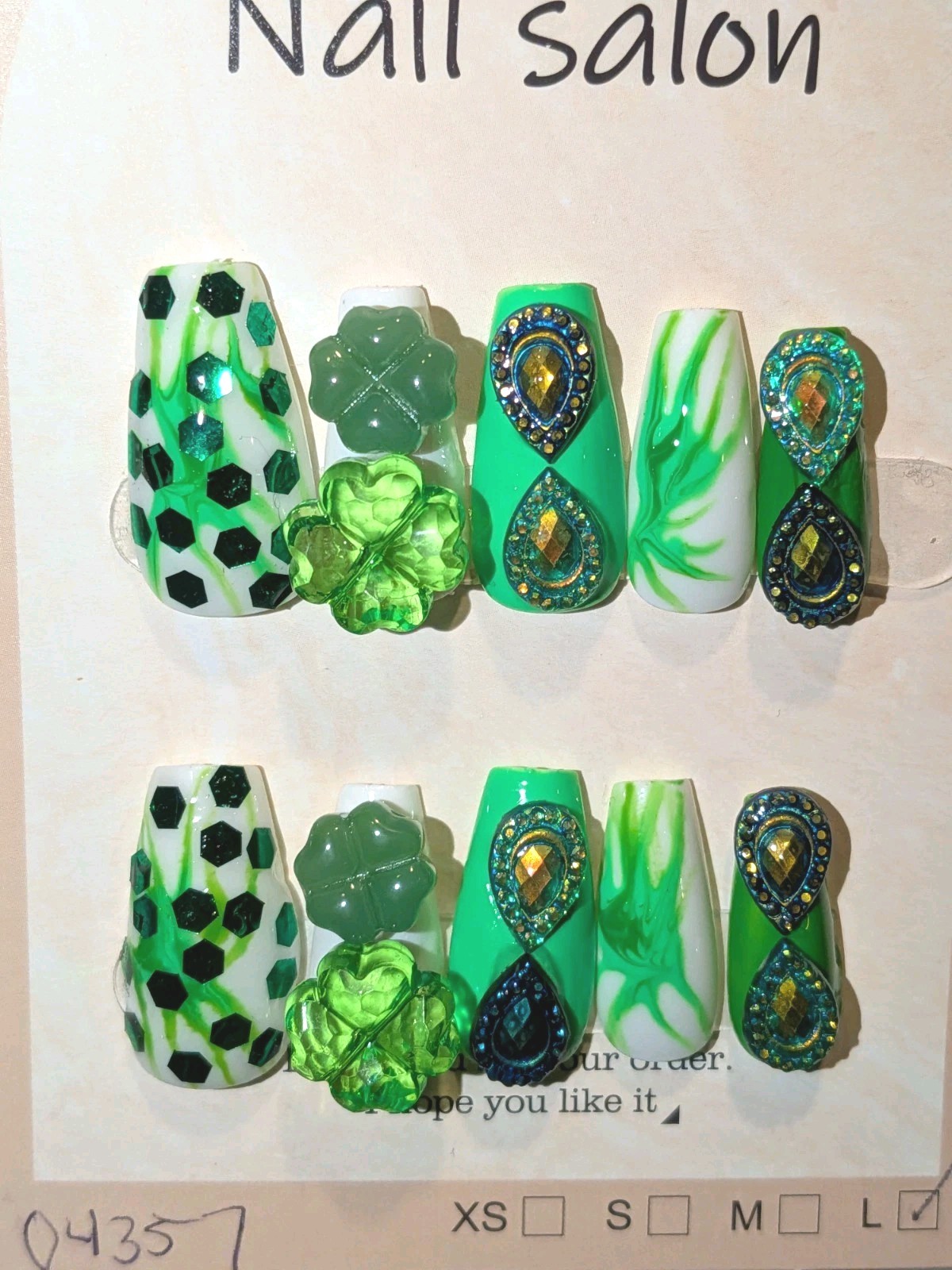 Hand Crafted St Patty Short Nail Set with Quality Glowing Gem Accents Sz LARGE