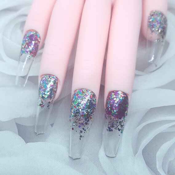 Clear Pride Pink Blue Green Glitter Nail Bed Press On Nails Handmade Hard Gel