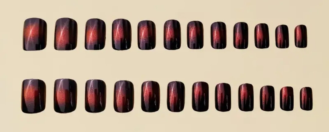 24-Piece Ballet Nail Set – Medium Length Black with Red Aura Glossy Finish Nail
