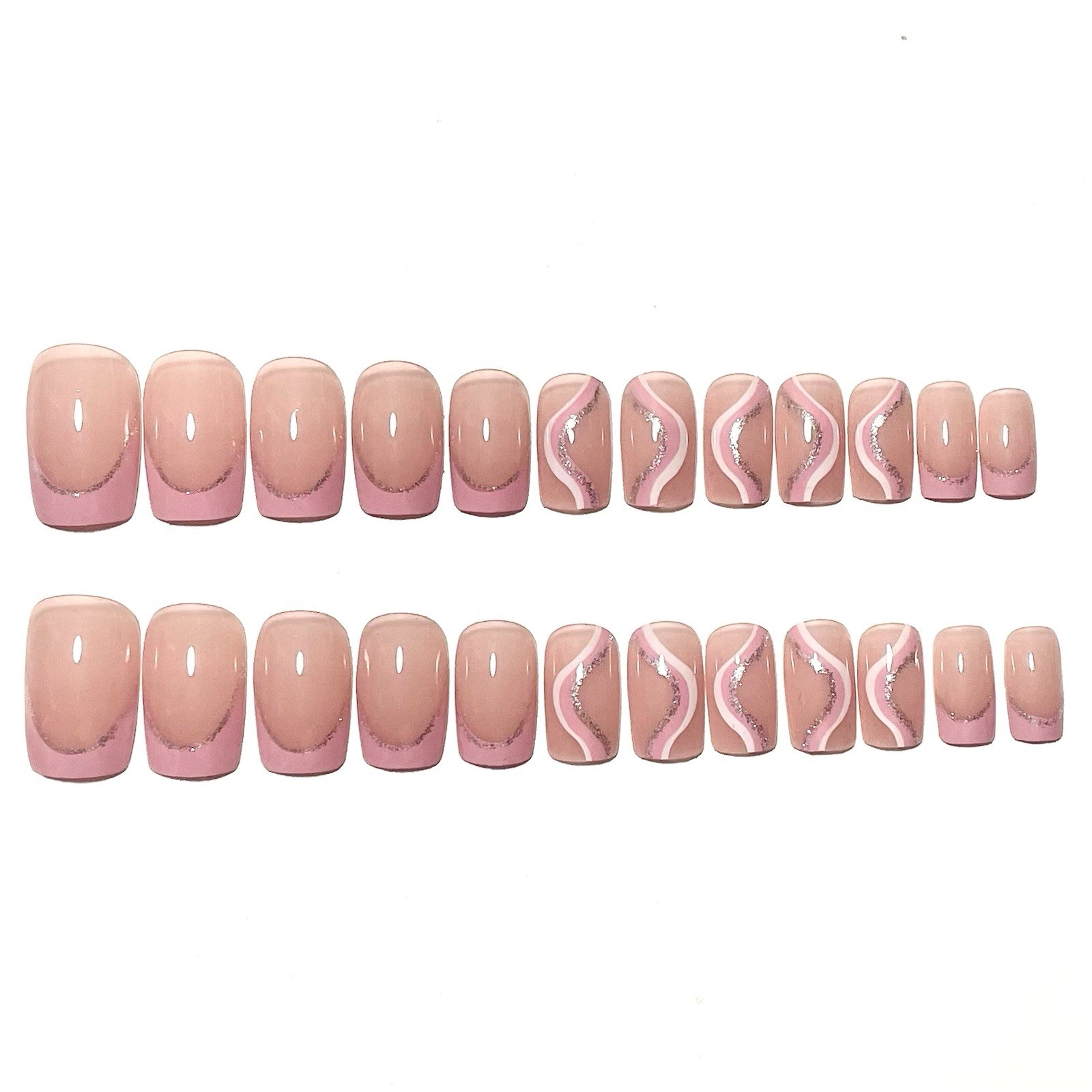 24pcs Medium Length Square Fake Nail In White And Pink Line Press On Nails