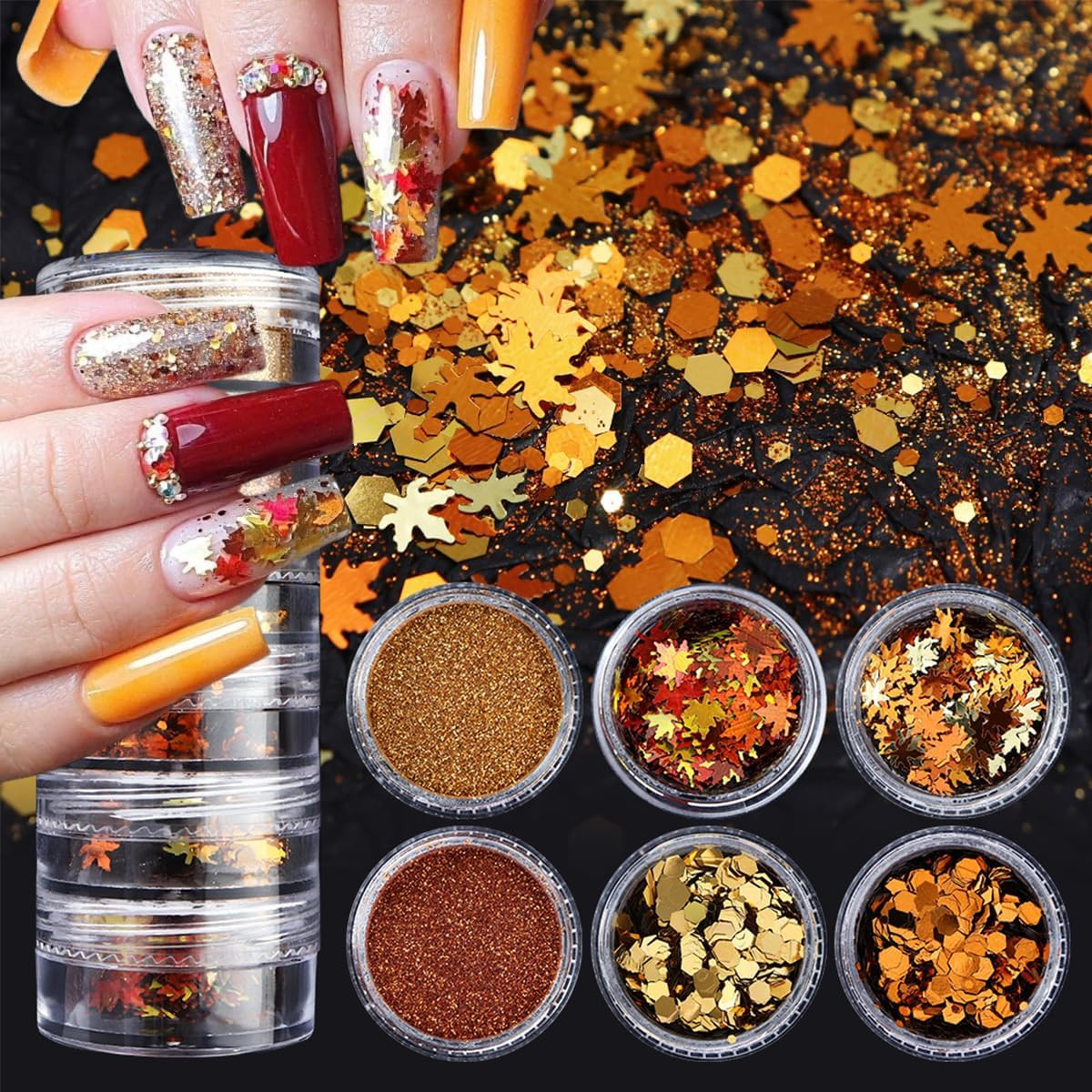 6Boxes Fall Nail Glitters 3D Gold Maple Leaf Nail Art Glitters Autumn Decoration