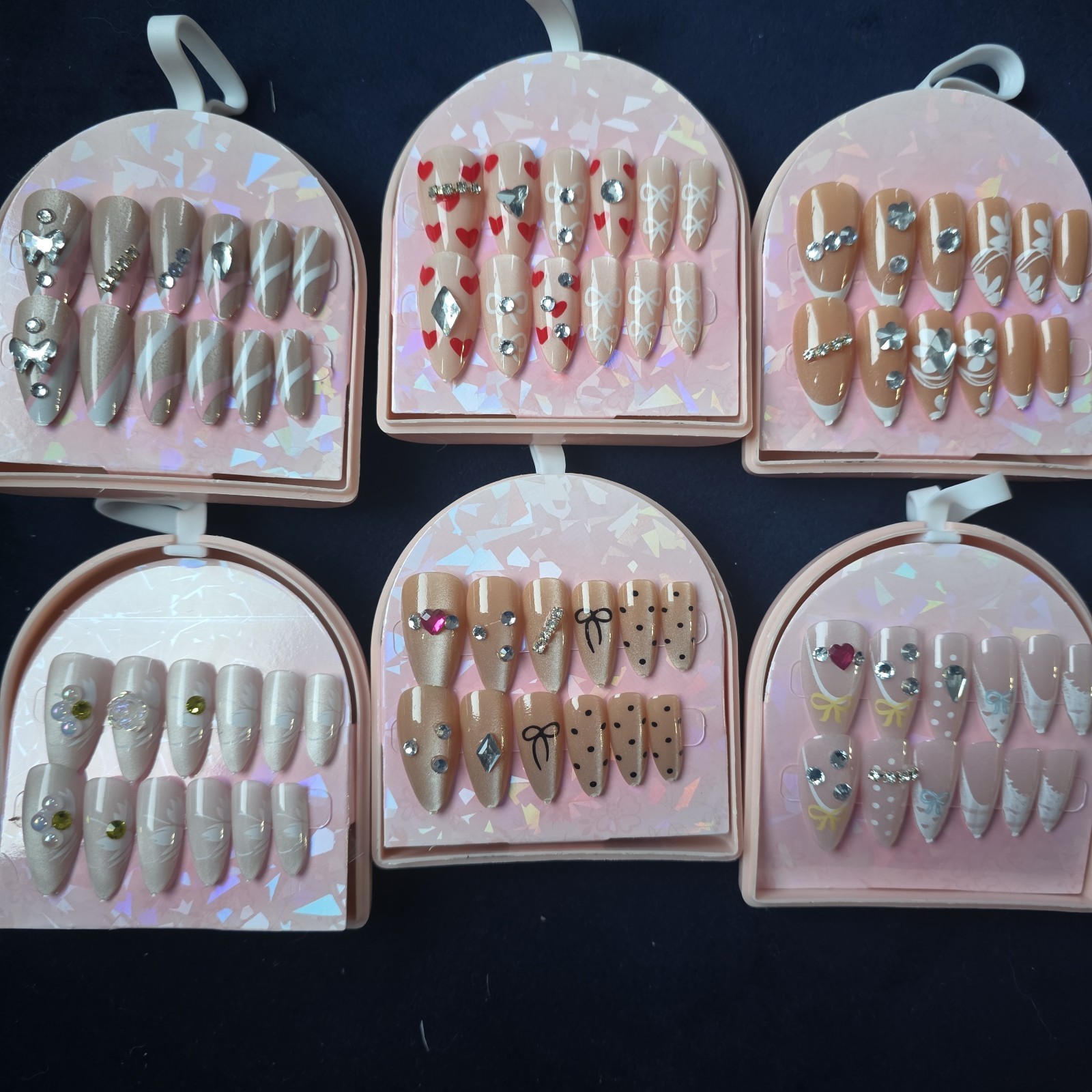 Luxury Press On Nails Lot of 6 Premium 3D Rhinestone Heart Bow Nail Art Kit
