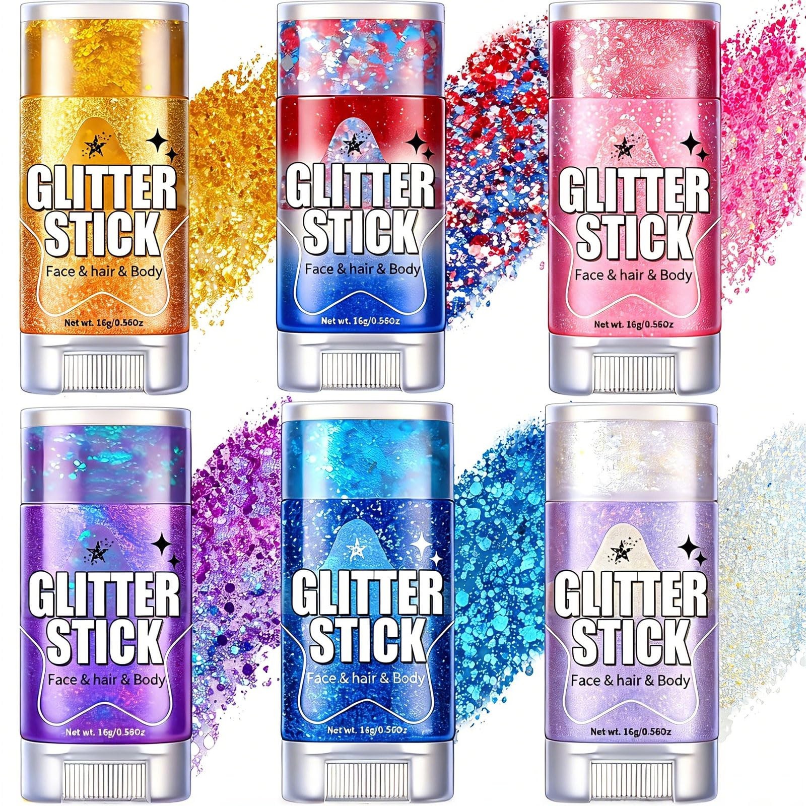 Patriotic Body Glitter Stick Set – 6 Pack Red White Blue Face & Hair Makeup for