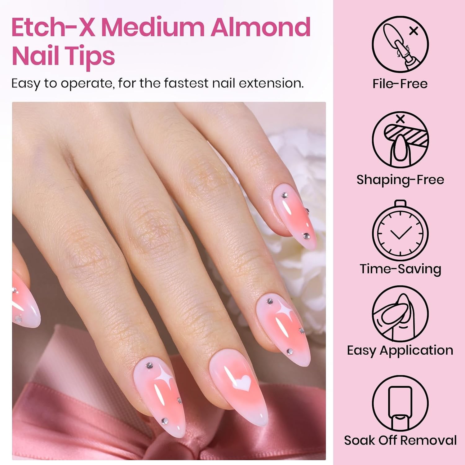 Beetles Medium Almond Nail Tips 576pcs 12 Sizes, Pre-Etched Soft Gel Tips Half