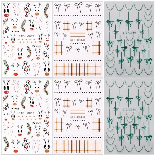 6 Sheets Christmas Nail Stickers for Nail Art 3D Self-Adhesive Xmas Bow Hp-6