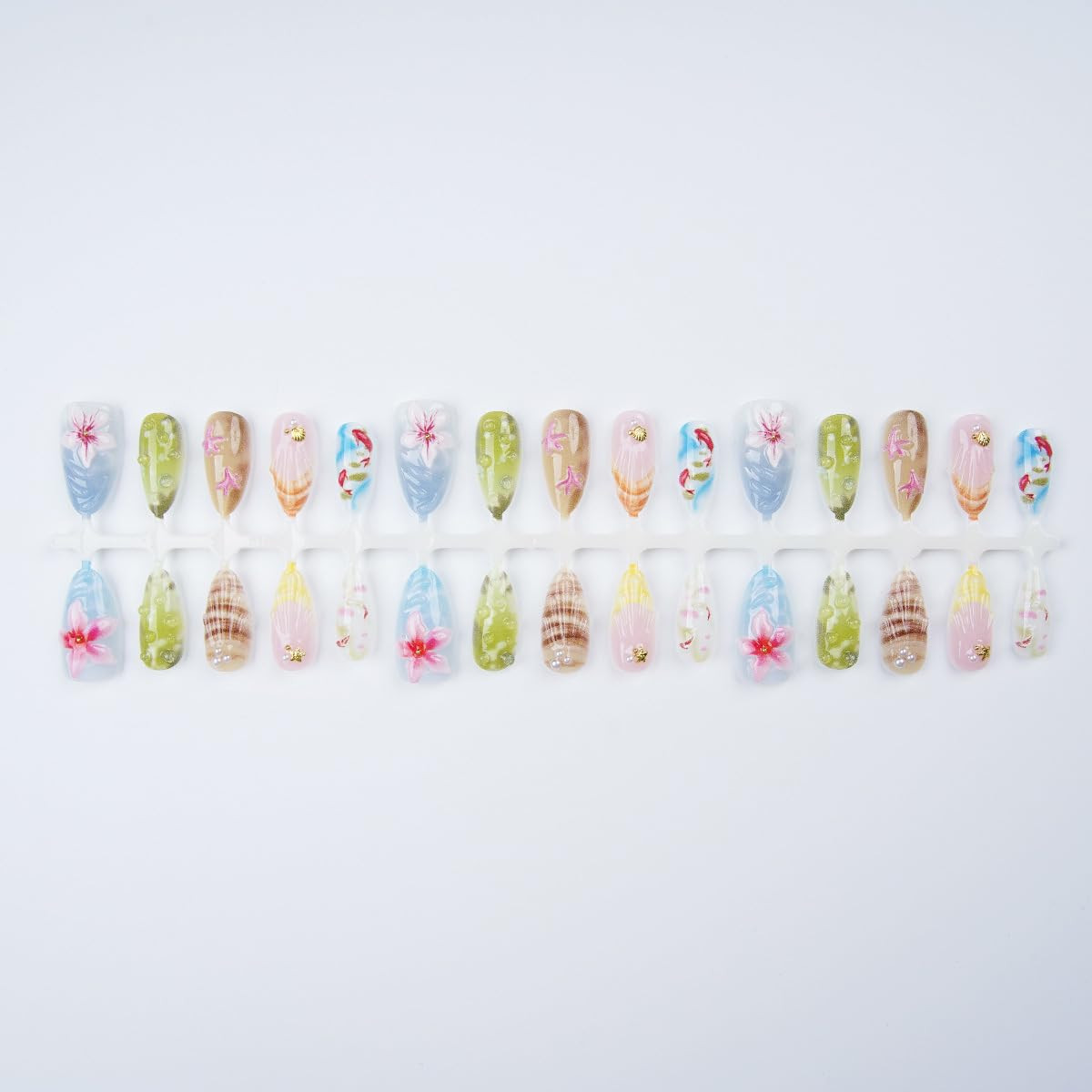 30Pcs Summer Press on Nails Medium Almond French Tip Fake Nails 3D Gold Shell Rh