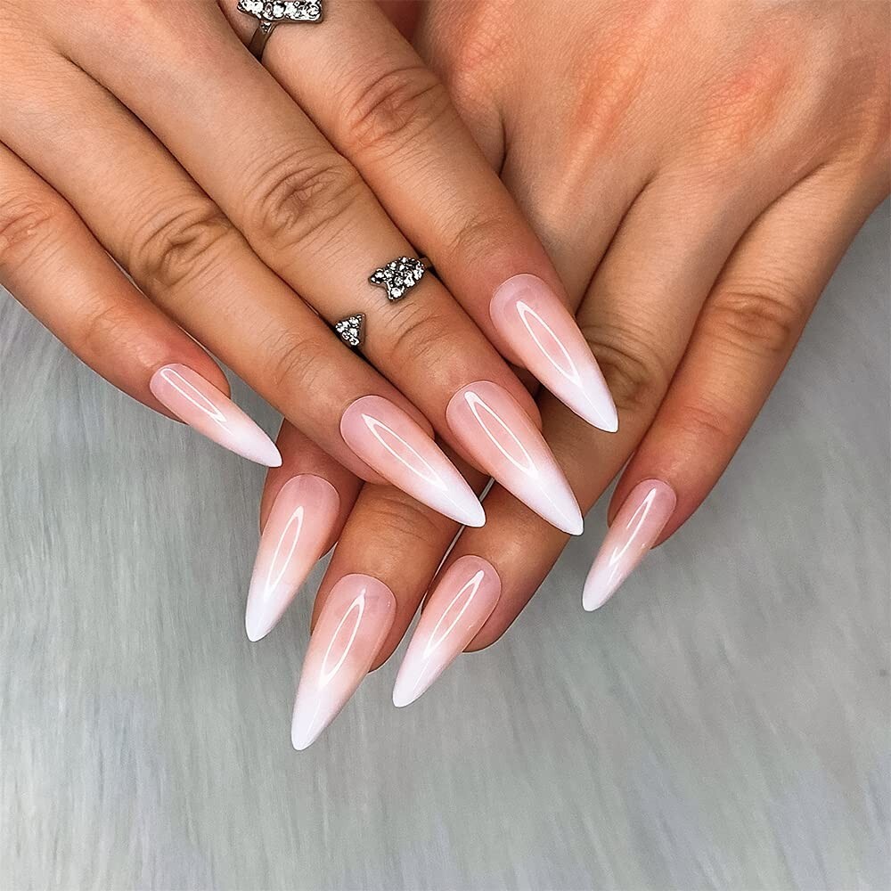 French Ombre Fake Nails – Medium Long Stiletto Almond Press on Nail Tips – 24pcs