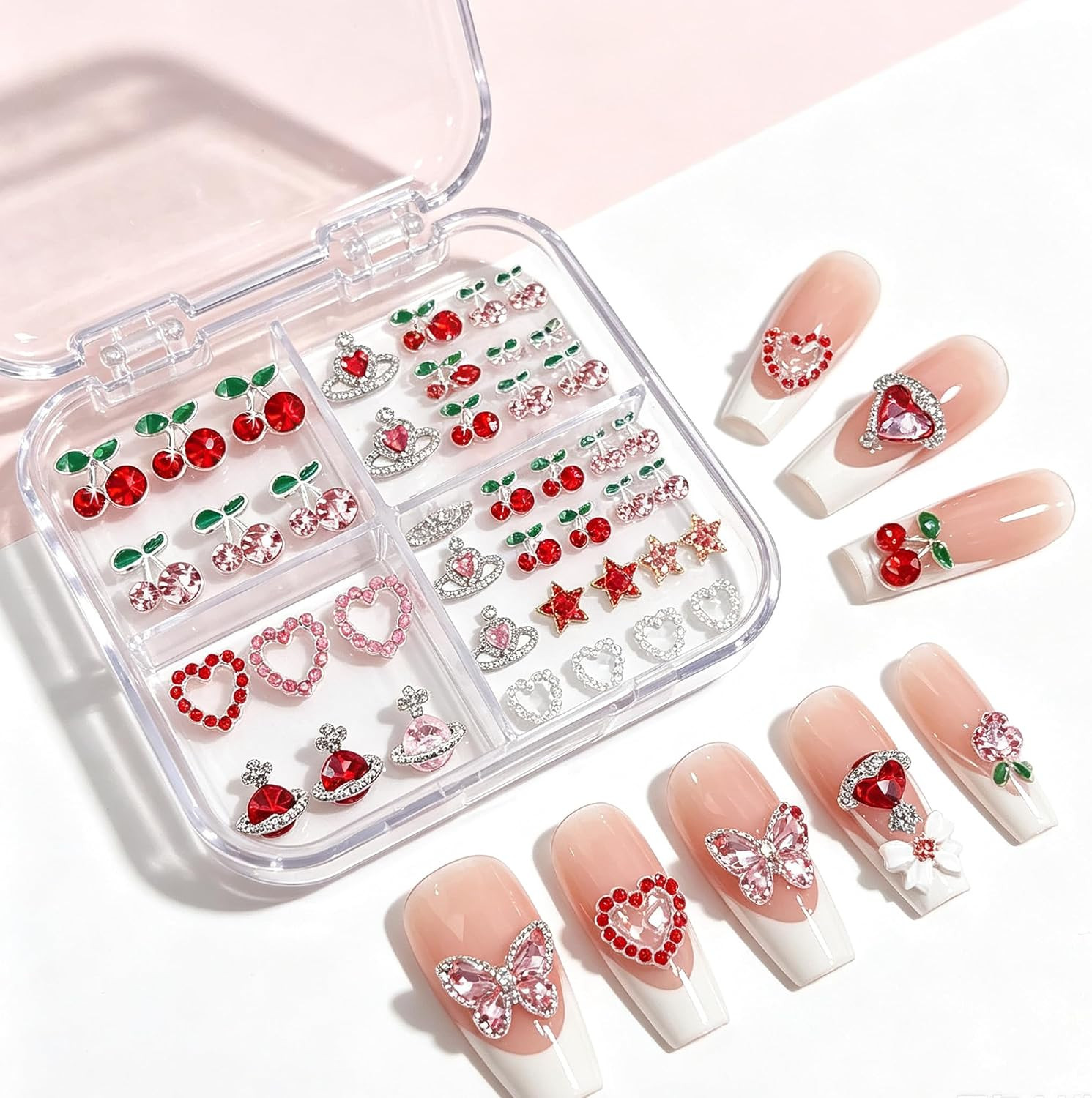 45 Pcs Cherry Nail Charms Rhinestone Red Pink Cherries Nail Art Gems Star Heart