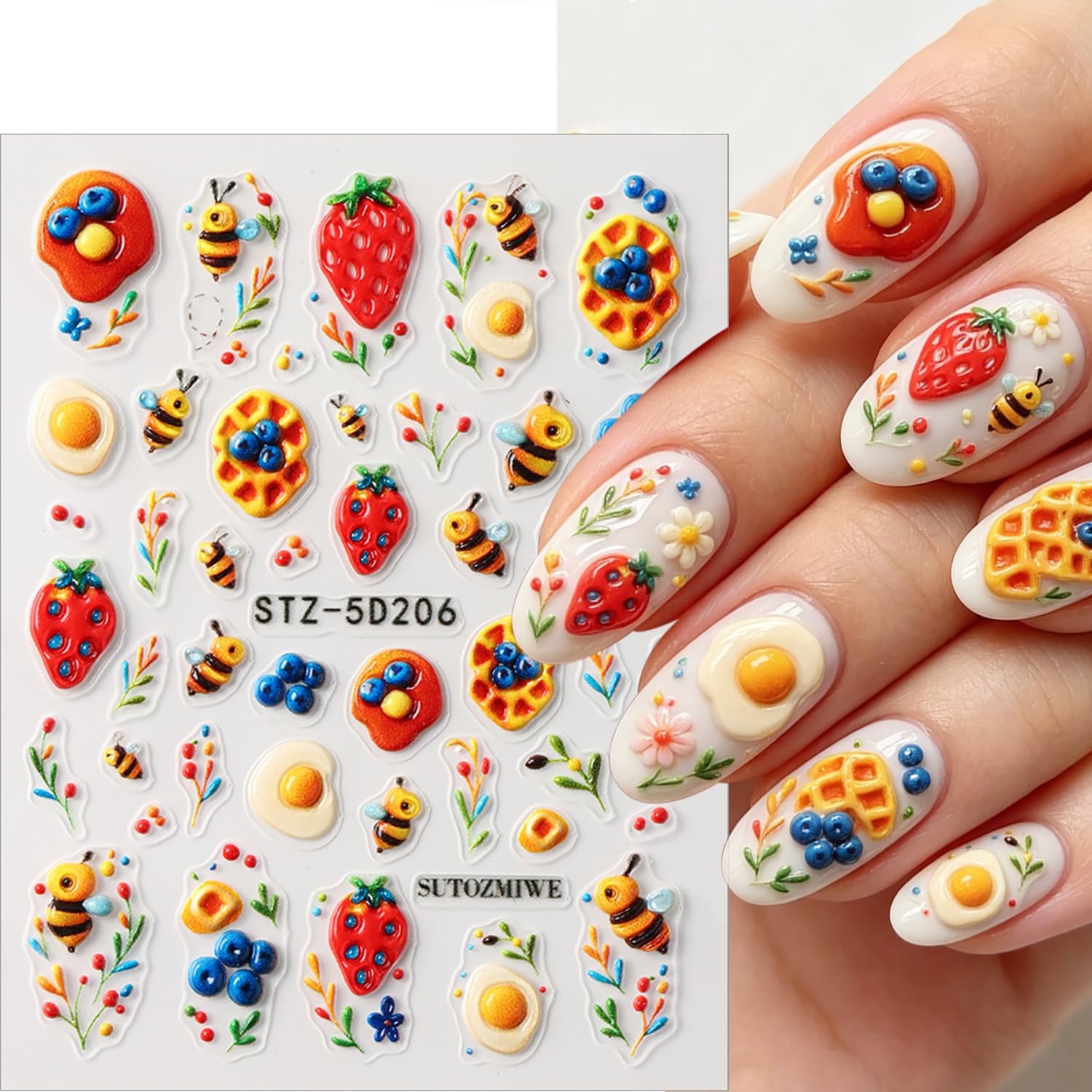Bee Strawberry Nail Stickers 5D Embossed Cute Nail Art Stickers Self-Adhesive…