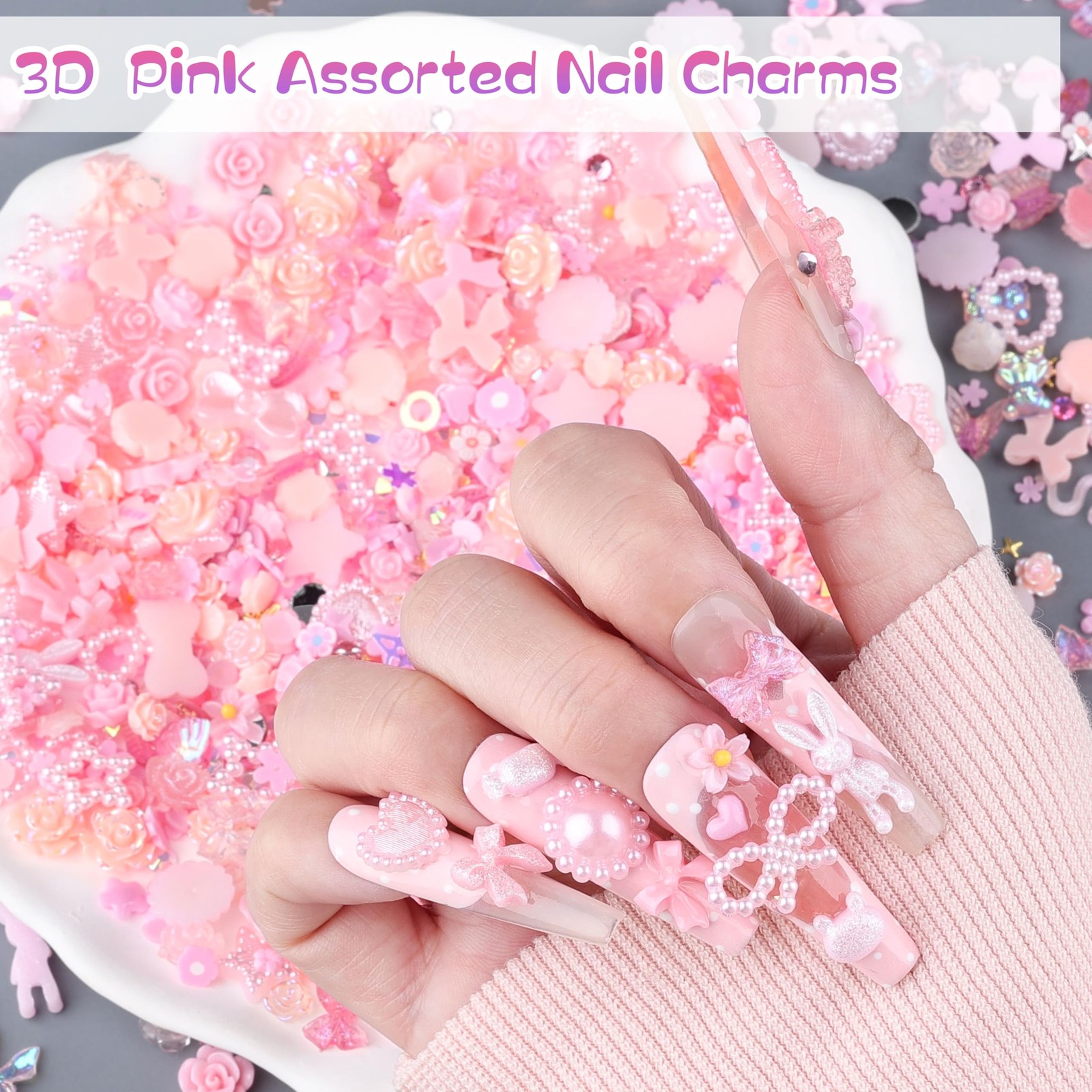 260Pcs 3D Assorted Pearls Nail Charms Acrylic Multi Shapes Heart Flower