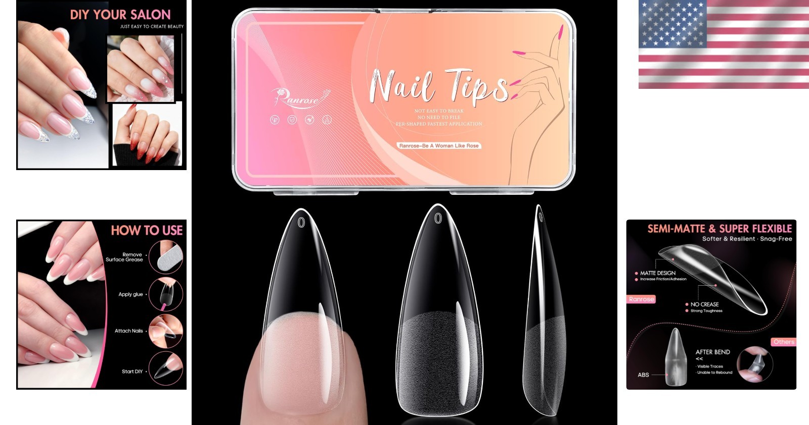 Durable Half Matte Long Almond Nail Tips – 240 Pieces for Perfect Manicures