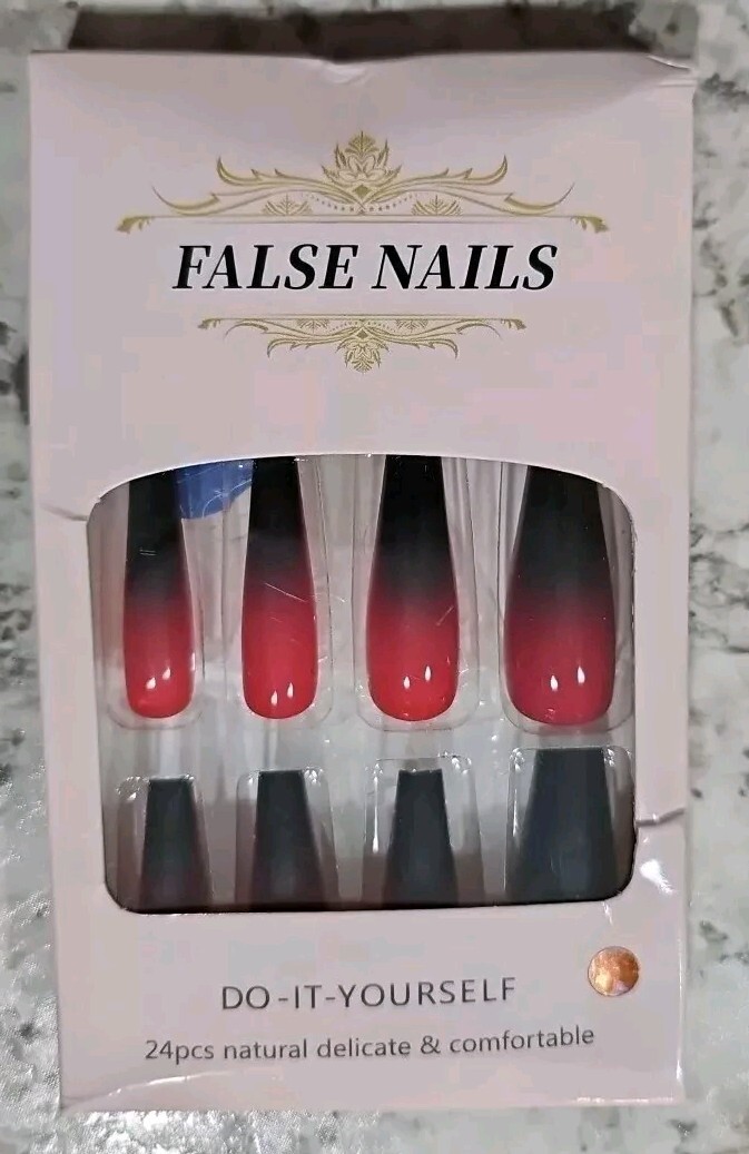 Press On Nails Medium Long Coffin Shaped, Red And Black Fake Nails Kit Gradient