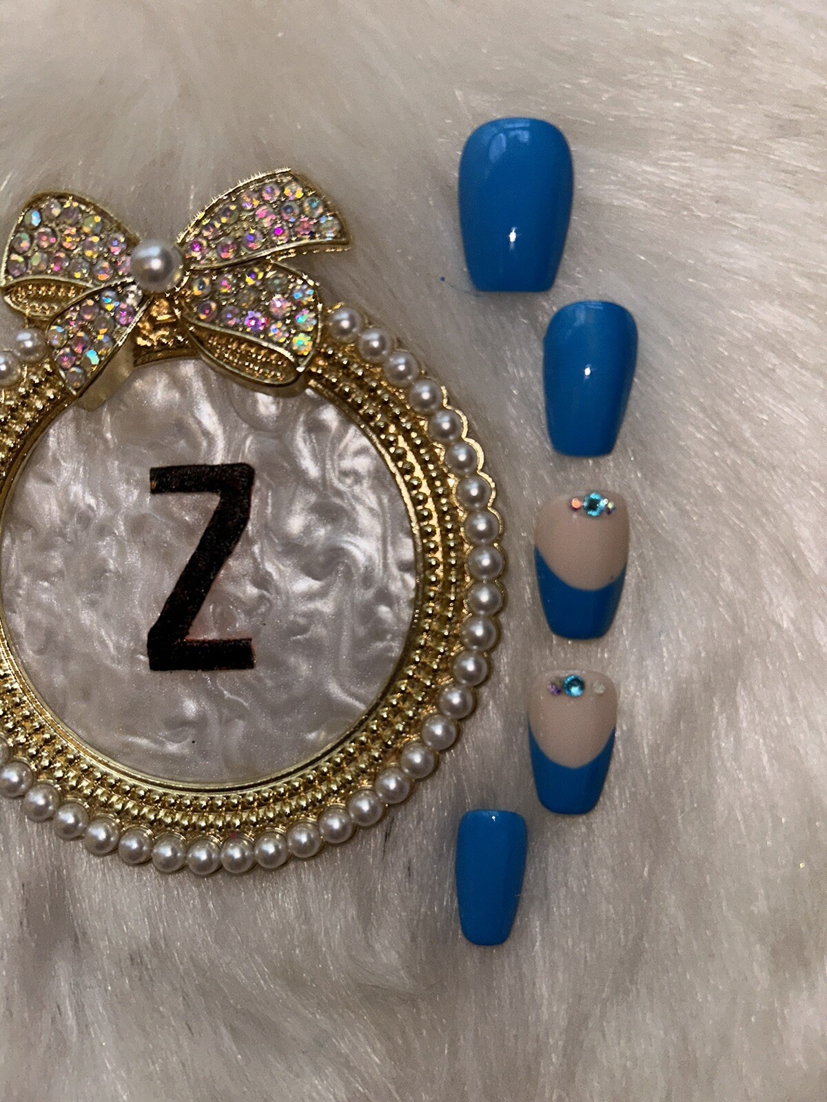 Z NAILZ! Handmade Nude/Turquoise M Coffin Shiny French Press On Nails