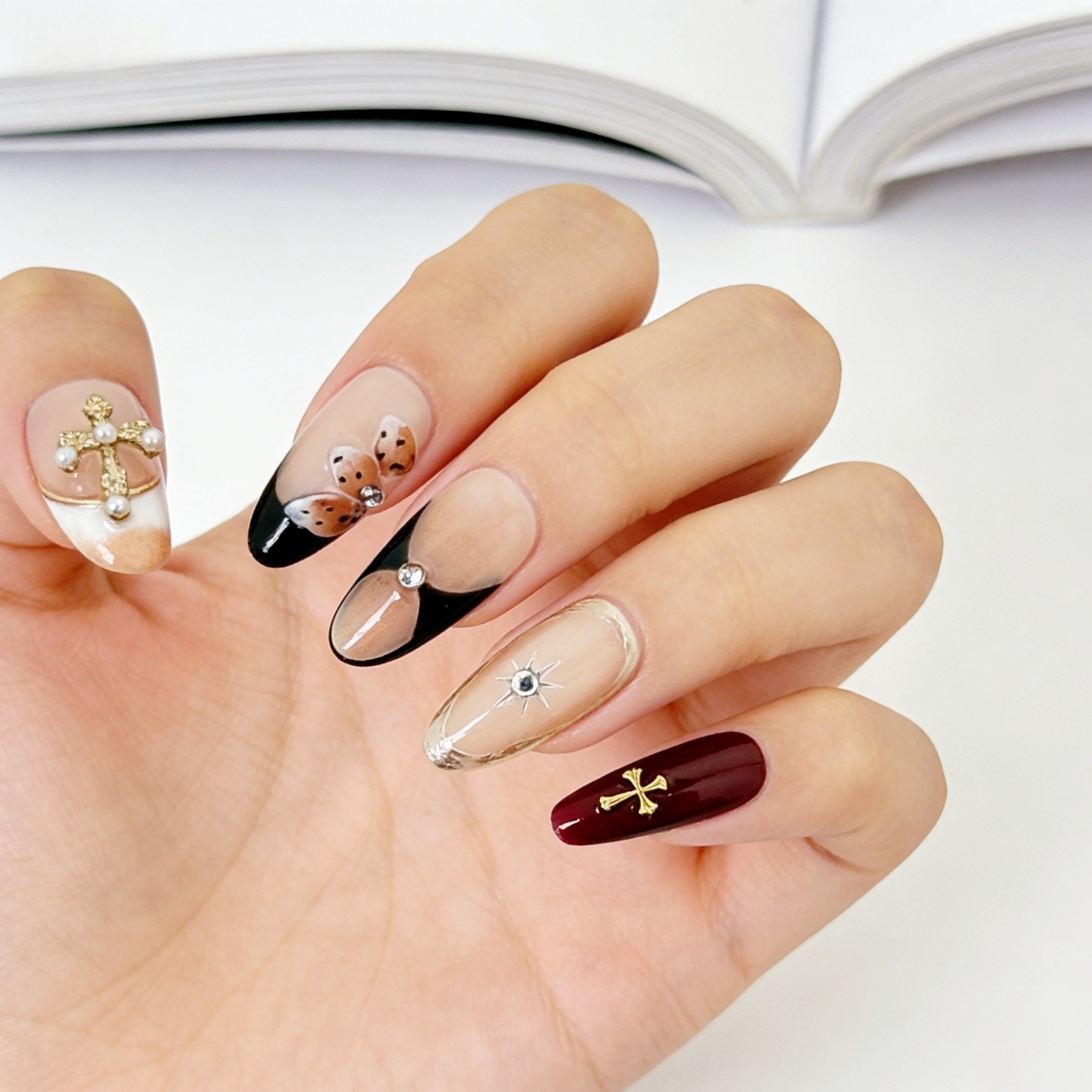 Sweet Gothic Rococo Press-On Nails with Pearl Cross & Metallic Accents Almond