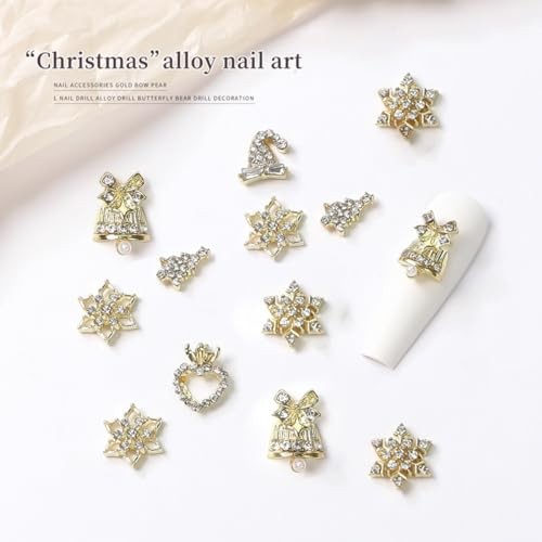 16 Pcs Christmas Nail Charms for Acrylic Nails – Gold Snowflake Hats Bell-11